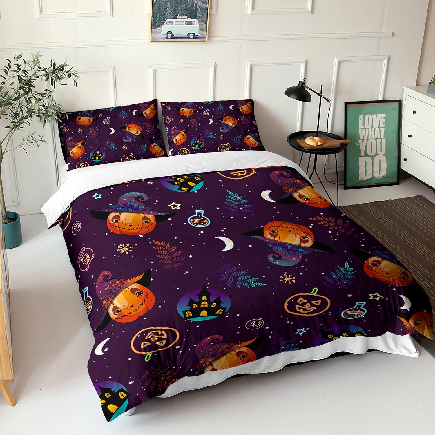 AILONEN Juego de funda de edredón de Halloween, tamaño Queen, juego de ropa de cama de calavera de calabaza mágica, juego de funda de edredón con