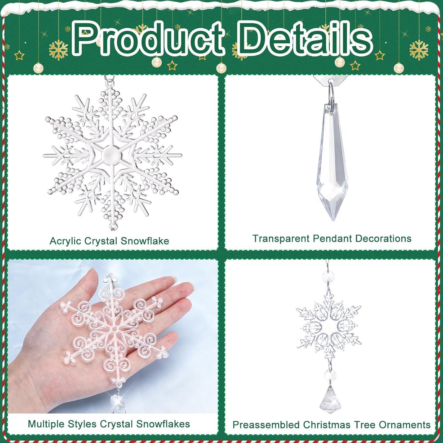 Adornos para árbol de Navidad, 16 piezas de adornos de copo de nieve de cristal, decoraciones colgantes de acrílico carámbanos de copo de nieve,