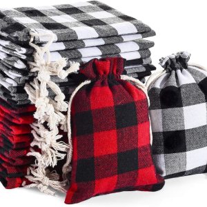 24 bolsas de regalo de Navidad a cuadros con cordón, bolsa de arpillera de Navidad con cordón, bolsa de Navidad de algodón lavable para envoltura de 24 bolsas de regalo de Navidad a cuadros con cordón, bolsa de arpillera de Navidad con cordón, bolsa de Navidad de algodón lavable para envoltura de