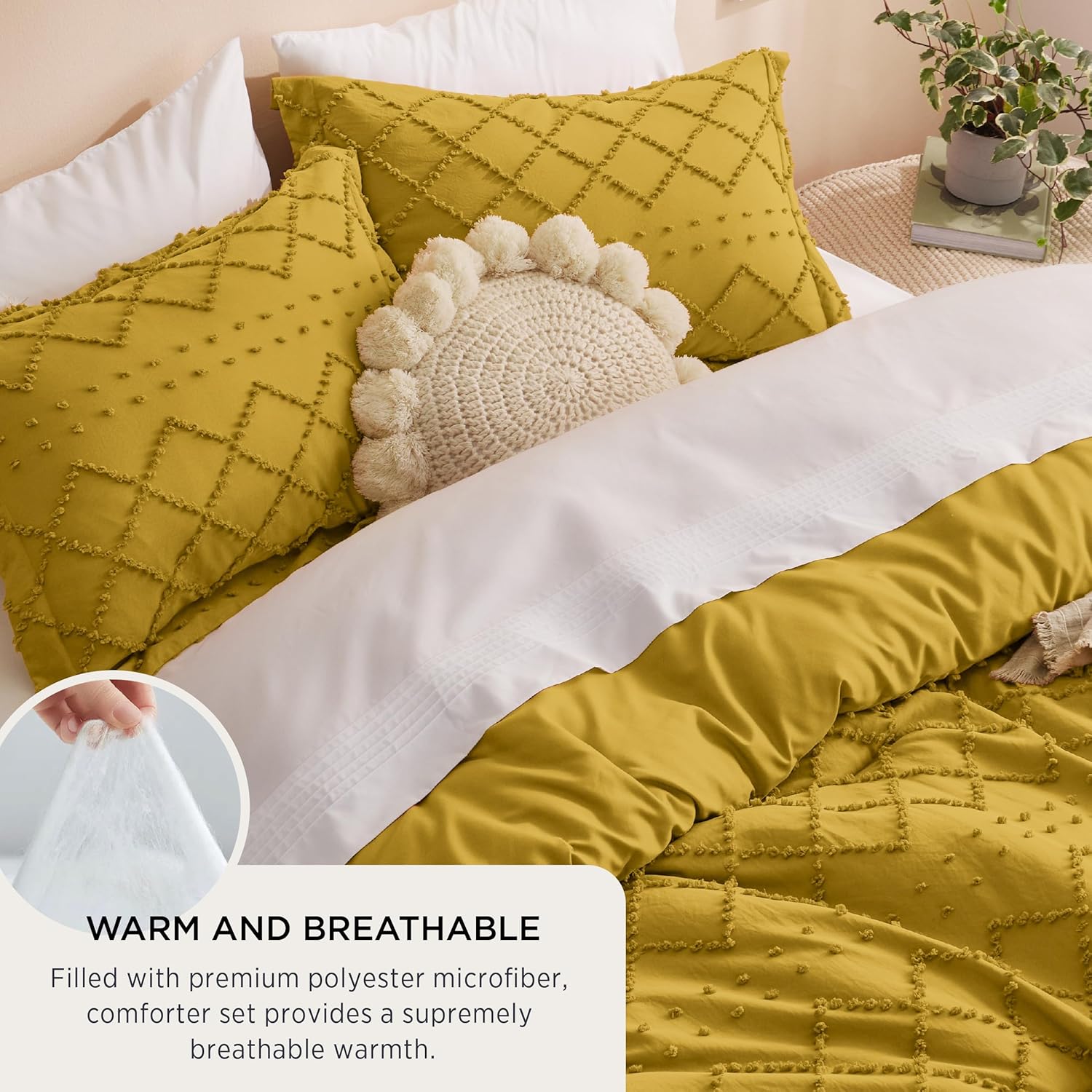 Bedsure Juego de edredón tamaño King  Edredón amarillo mostaza, juego de ropa de cama bohemio desgastado chic, juego de ropa de cama de 3 piezas