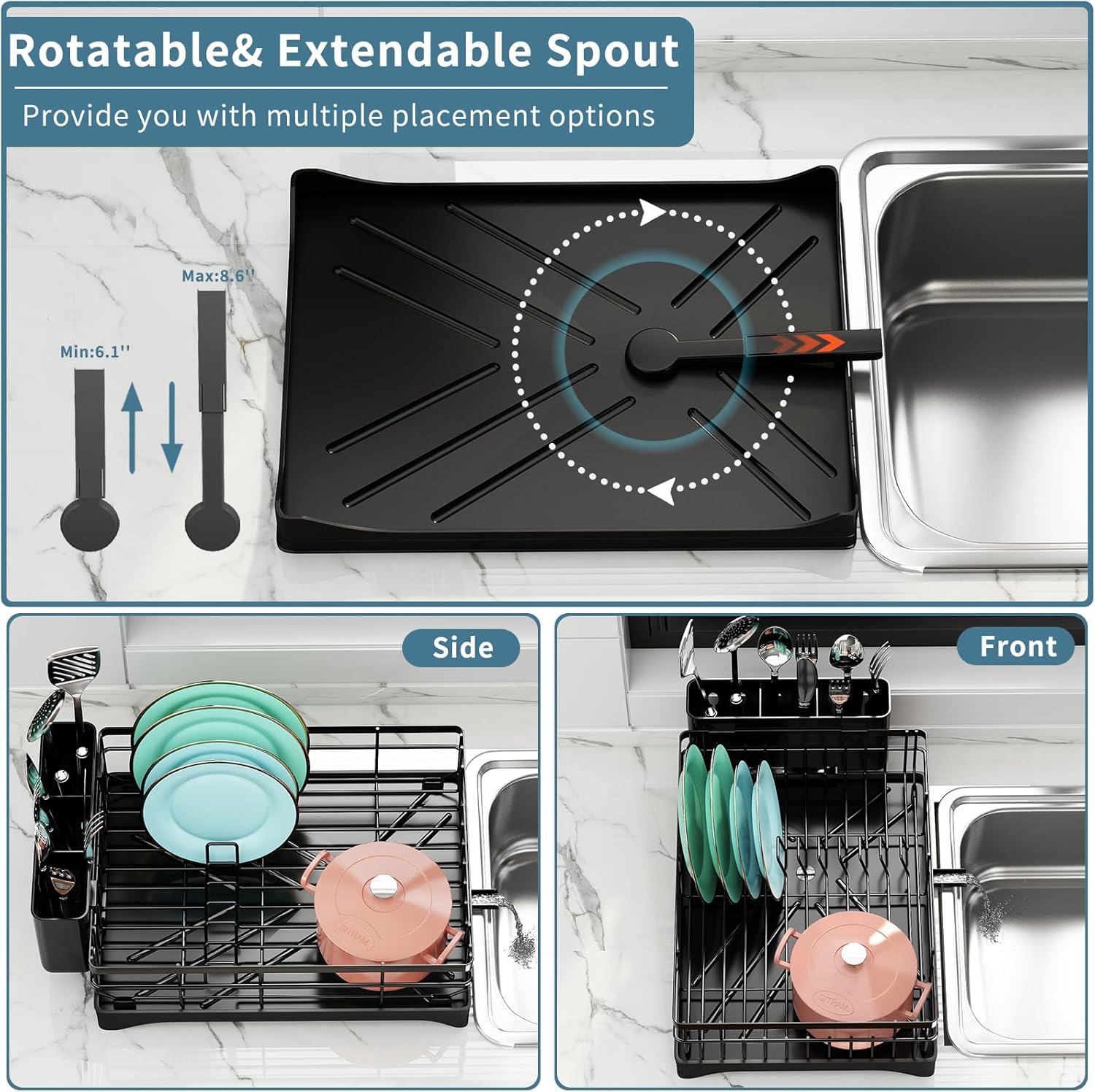 Escurridor de platos, escurridor de platos para encimera de cocina, escurridor de platos de acero inoxidable con soporte adicional para esponja para