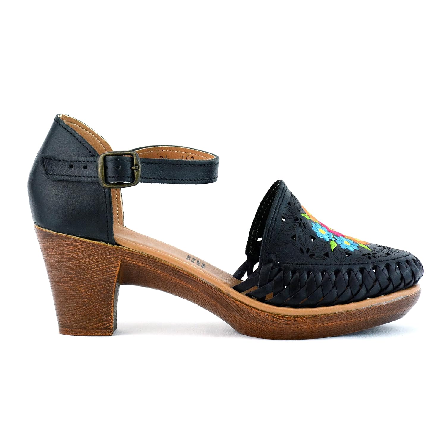 Mexican Leather Shoes with Embroidered Flowers, with heels for Women – Model 102BL (7, Black)
