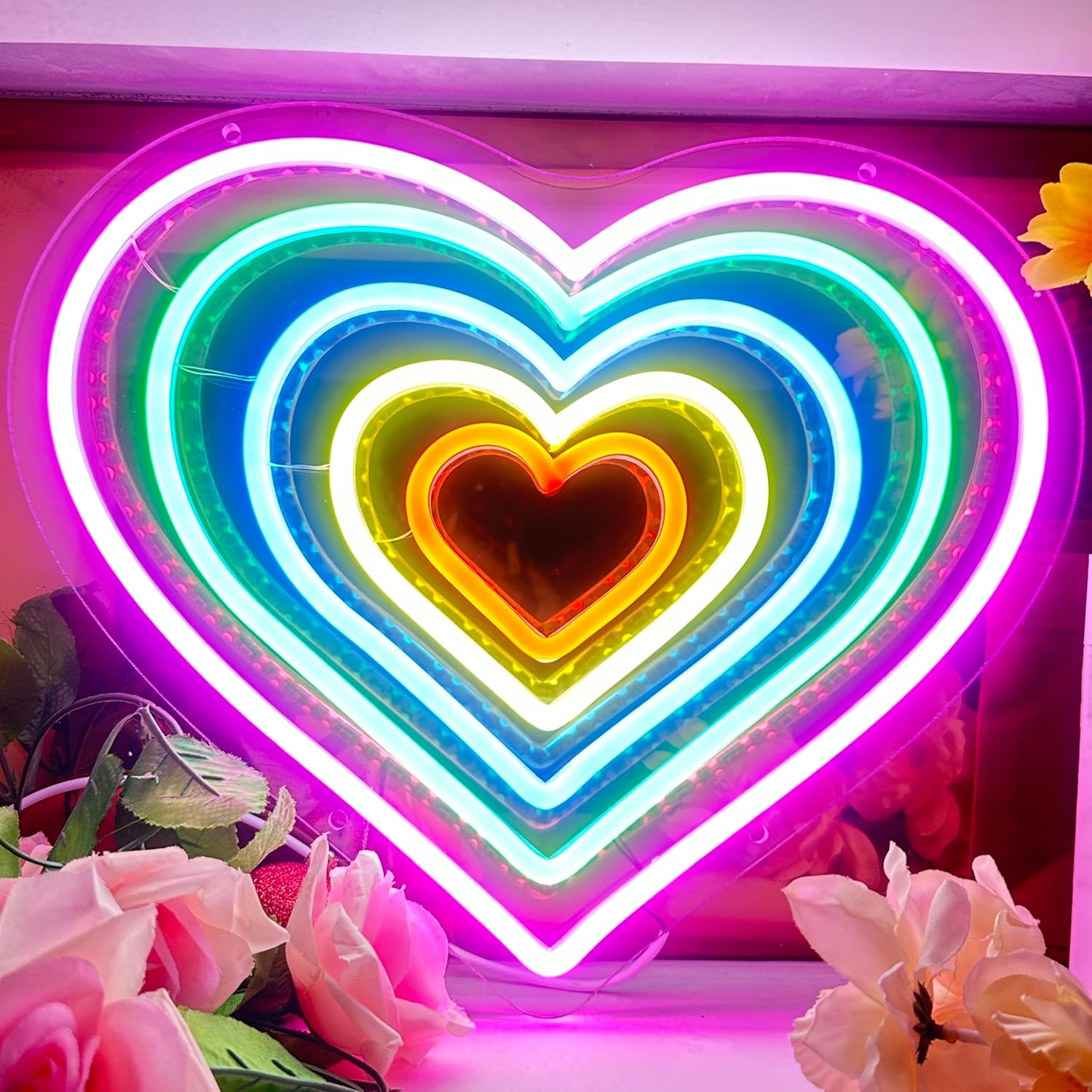 Letrero de luz LED en forma de corazón con forma de corazón para decoración de pared, letrero de luz de neón arcoíris de corazón rosa para