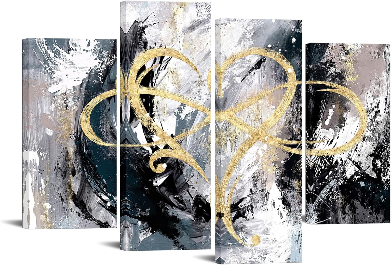 iHAPPYWALL Lienzo de 4 paneles con diseño de corazón infinito, arte abstracto de amor eterno, geométrico, gris y dorado, para dormitorio, sala de