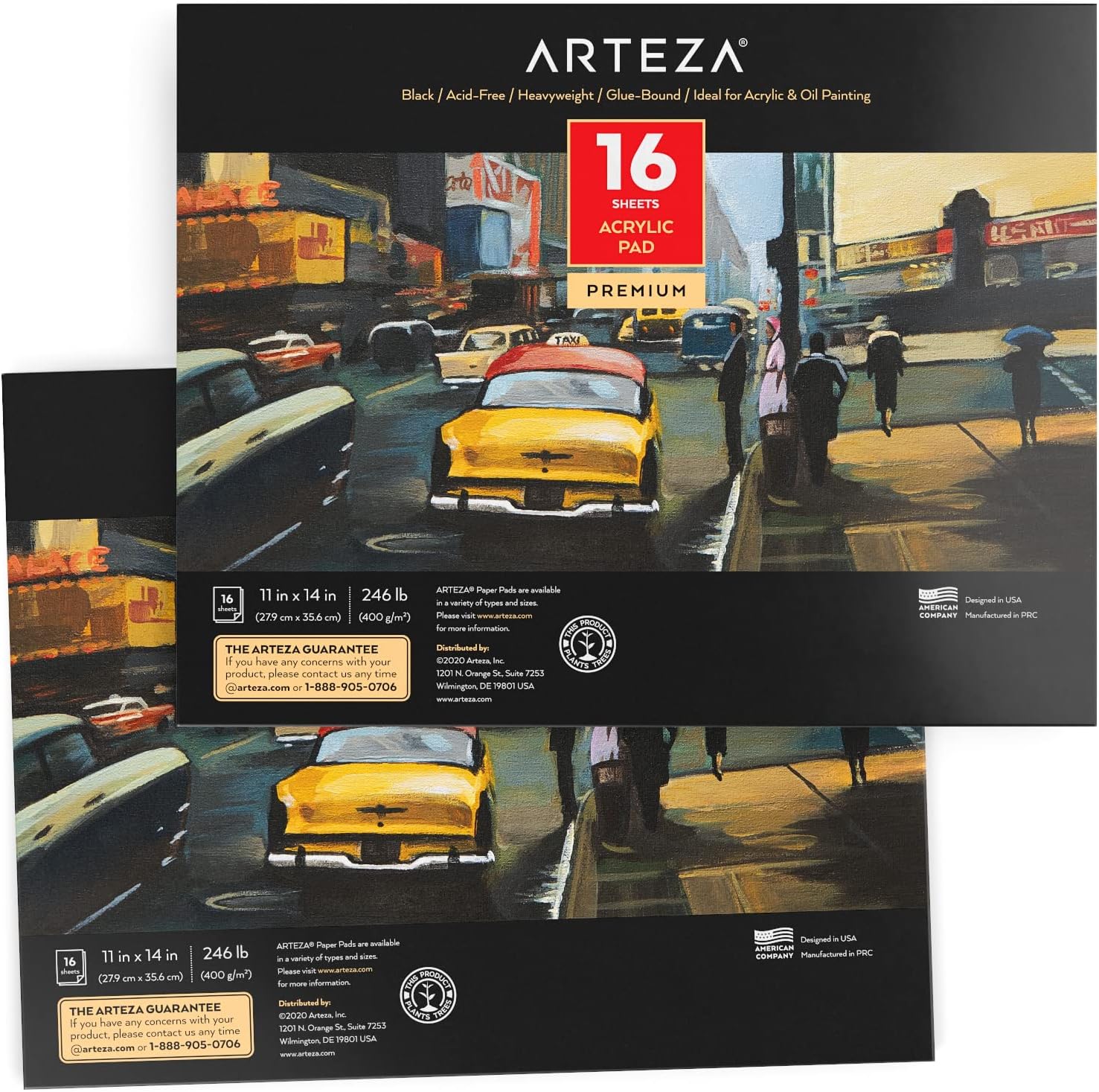 Arteza Bloc acrílico, paquete de 2, negro, 6 x 6 pulgadas, papel de 246 libras, 16 hojas cada una, suministros de arte para pintura acrílica,
