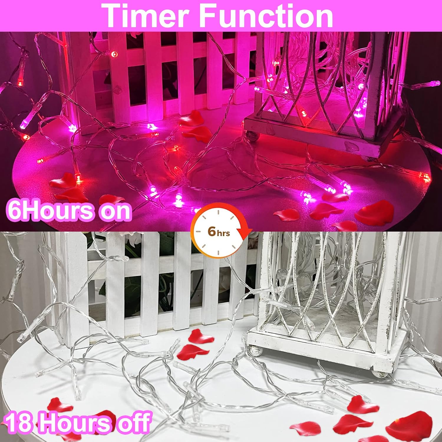 TURNMEON Guirnalda de 100 luces LED de 33 pies, temporizador de decoración del día de San Valentín, 8 modos, funciona con pilas, impermeable, luces