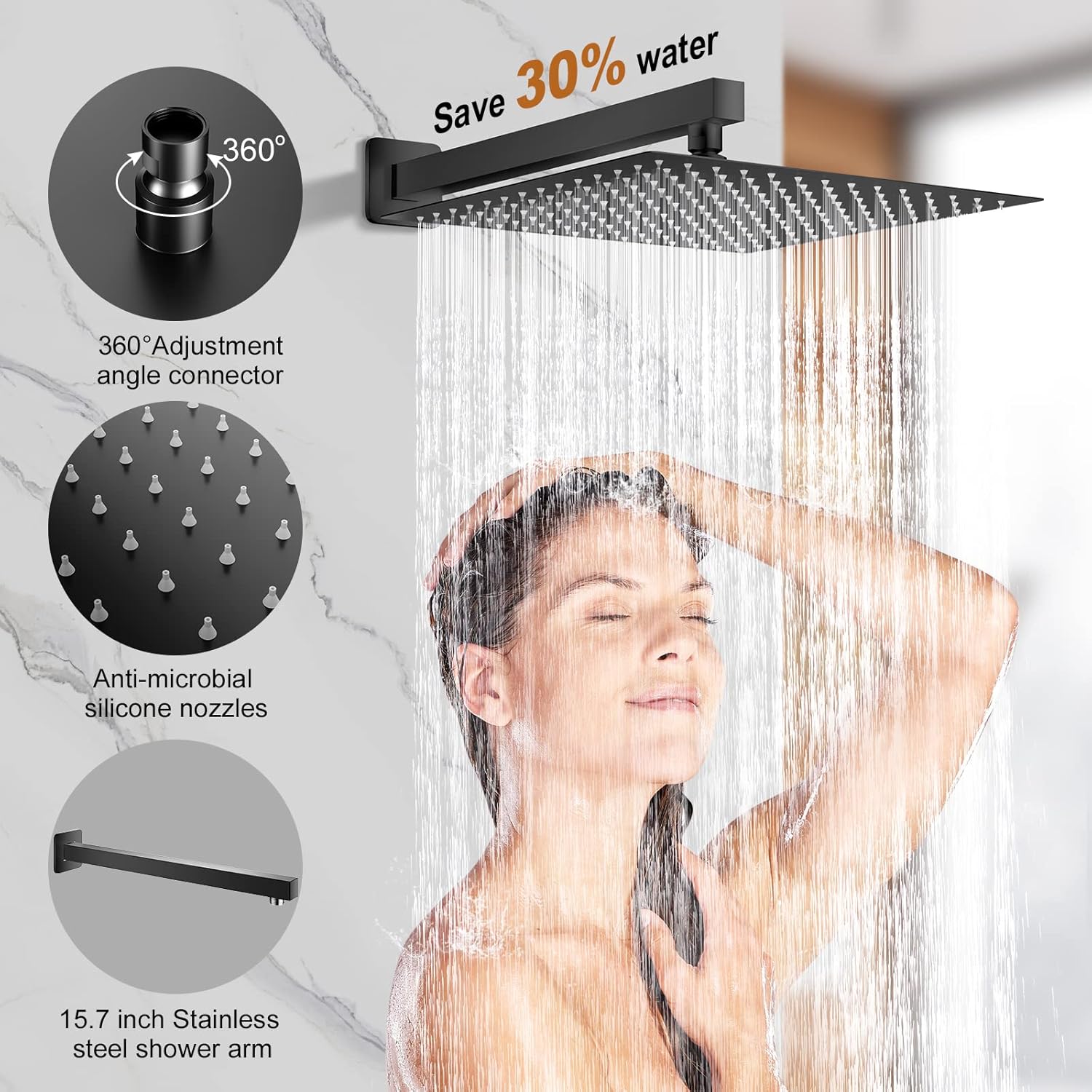 Sistema de ducha de 12 pulgadas con boquilla de bañera, juego de grifo de ducha de bañera negro mate de 3 funciones, cabezal de ducha de lluvia de