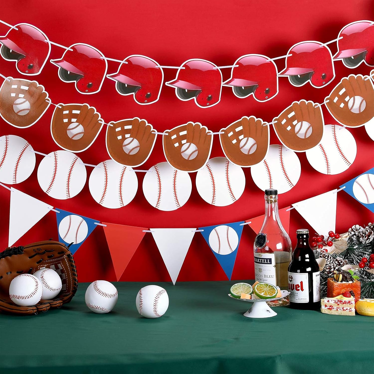 Tatuo 6 banderines de béisbol, banderines de papel, guante de béisbol y gorra de béisbol para decoraciones de fiestas temáticas deportivas,