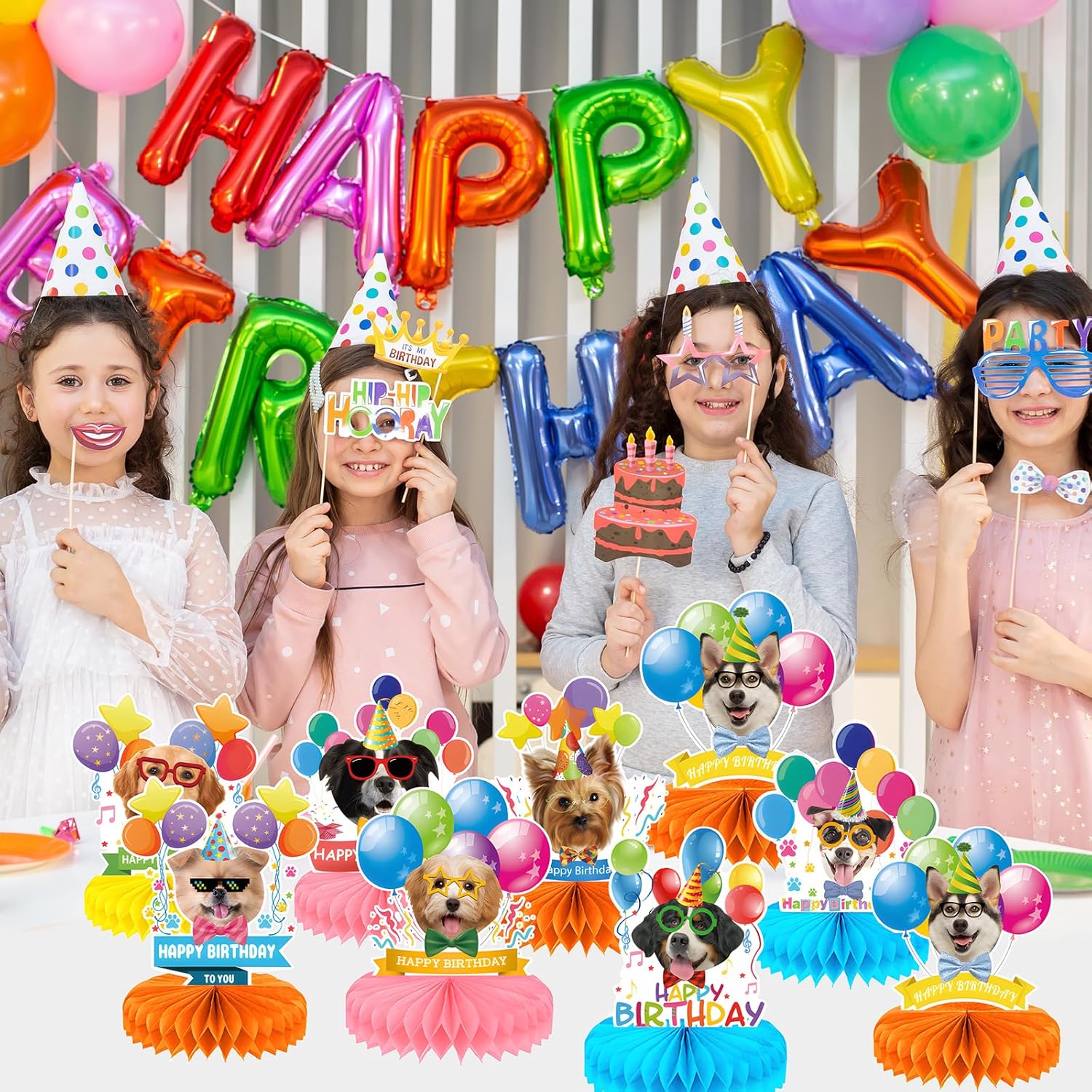 Decoraciones de fiesta de cumpleaños con temática de perro, 9 piezas, decoraciones de cumpleaños para perros, centros de mesa de panal para mesas,