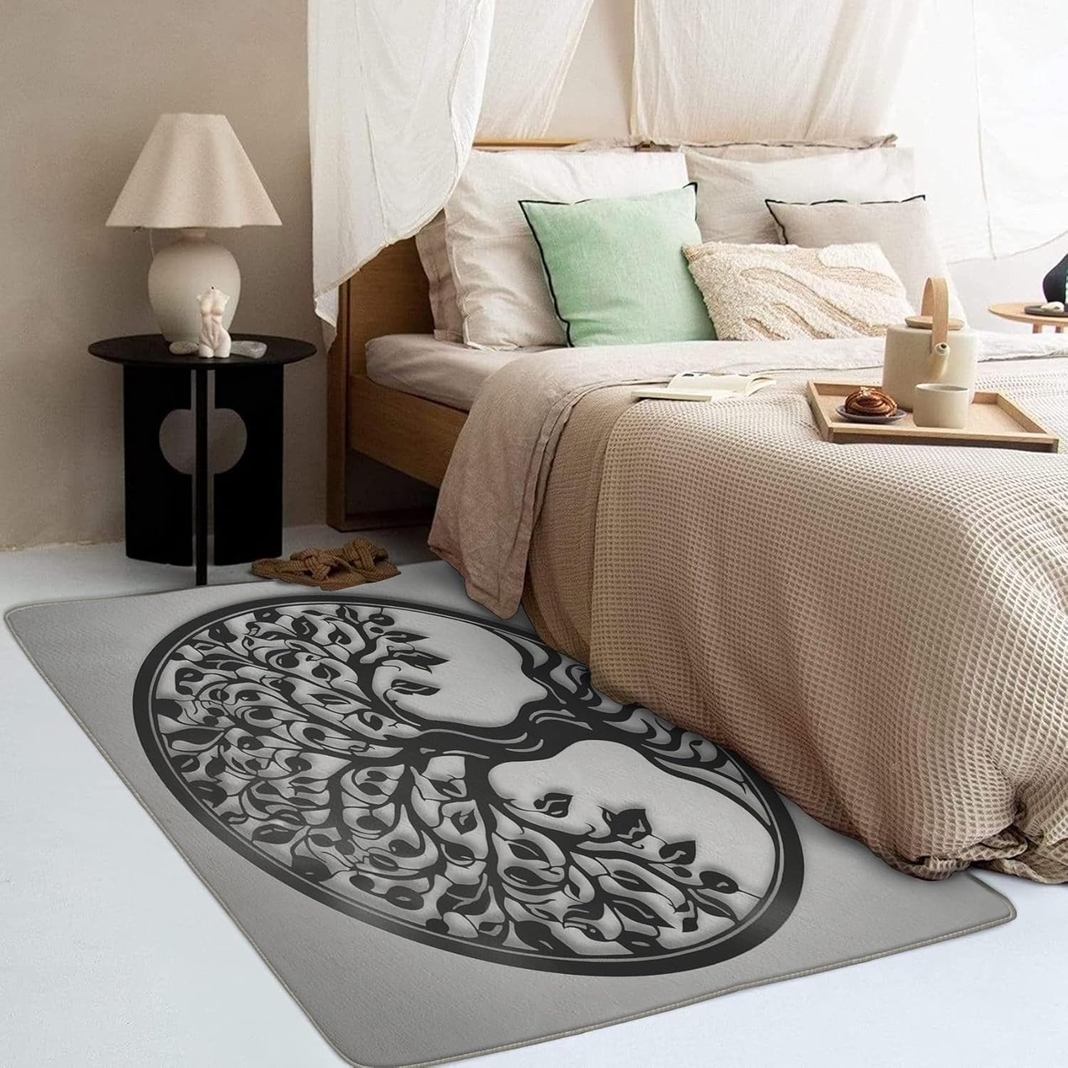 Alfombra de 2 x 3, alfombra de árbol de la vida para entrada, sala de estar, dormitorio, alfombra gris pequeña y decoración de dormitorio, lavable,