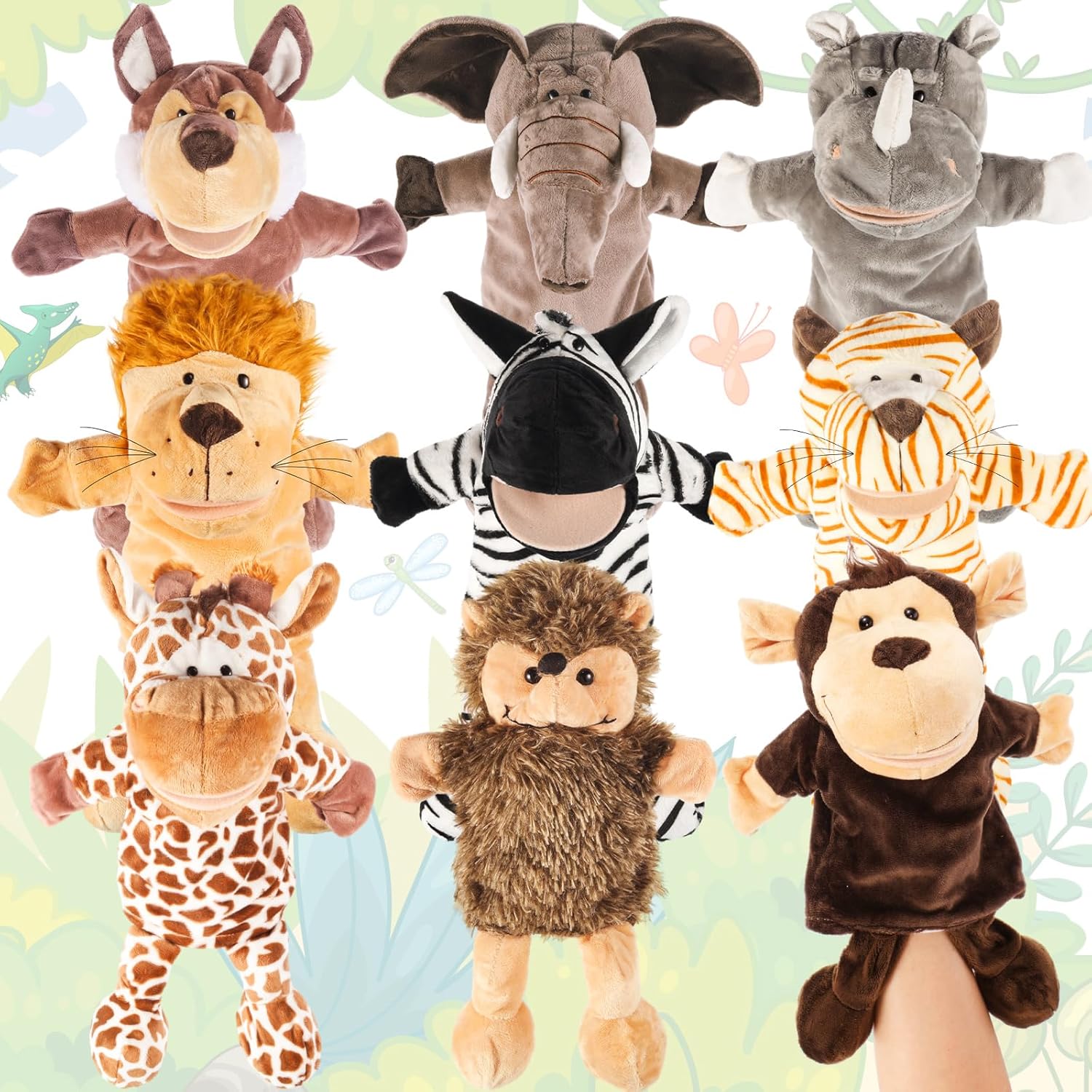 9 marionetas de mano de animales con boca abierta y movible de 11.8 a 13.8 pulgadas, animales de granja suaves, animales de peluche, animales de