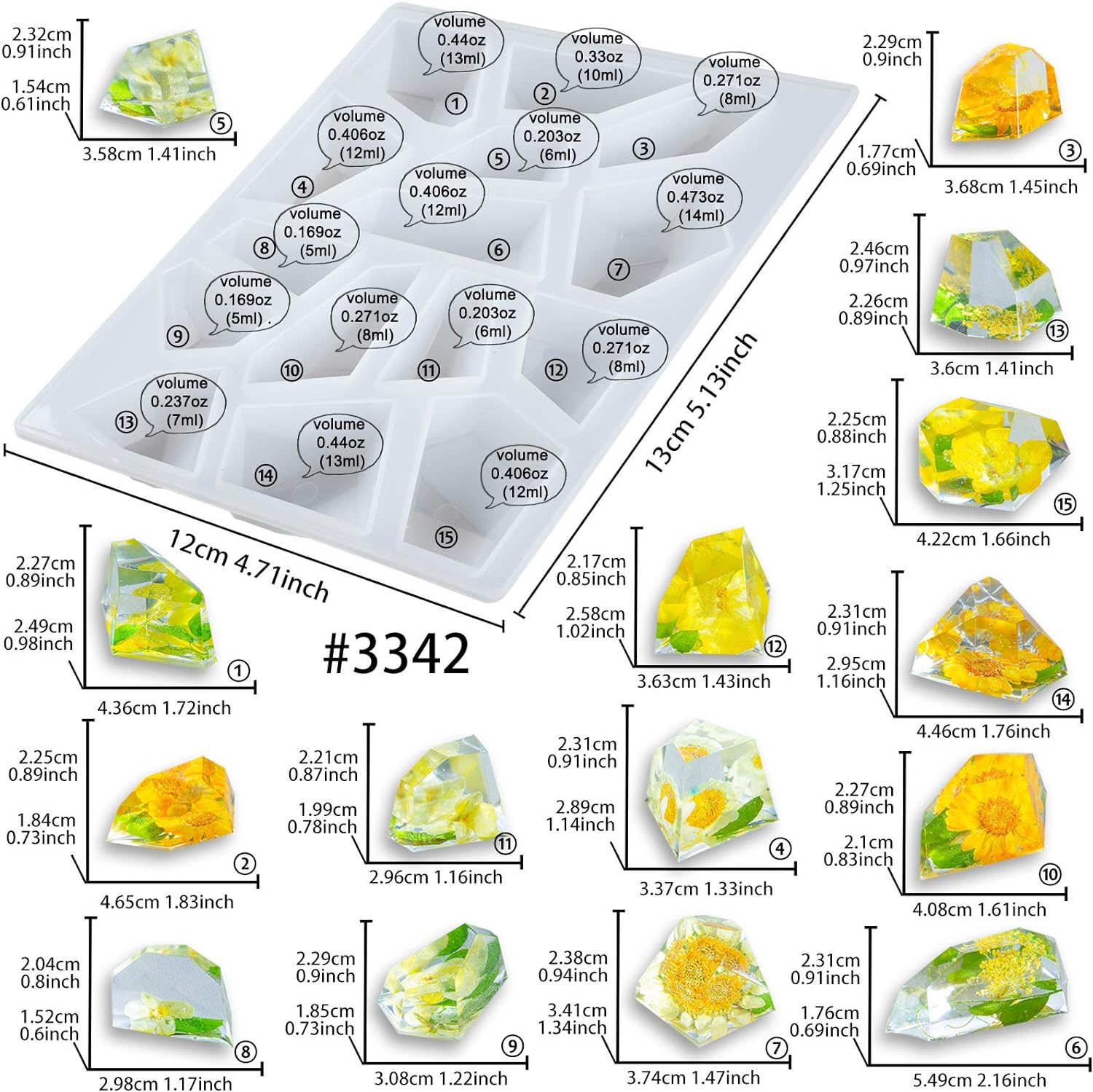 Bandeja de molde de silicona de resina epoxi de piedra gema multifacética para joyas de cuarzo de cristal, velas, jabón, cubitos de hielo, proyectos