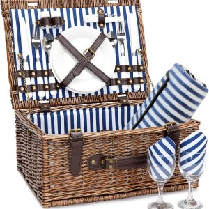 Cesta de picnic de mimbre para 2 personas con manta de picnic impermeable, juego de picnic para 2 personas con alfombrilla de playa a prueba de Cesta de picnic de mimbre para 2 personas con manta de picnic impermeable, juego de picnic para 2 personas con alfombrilla de playa a prueba de