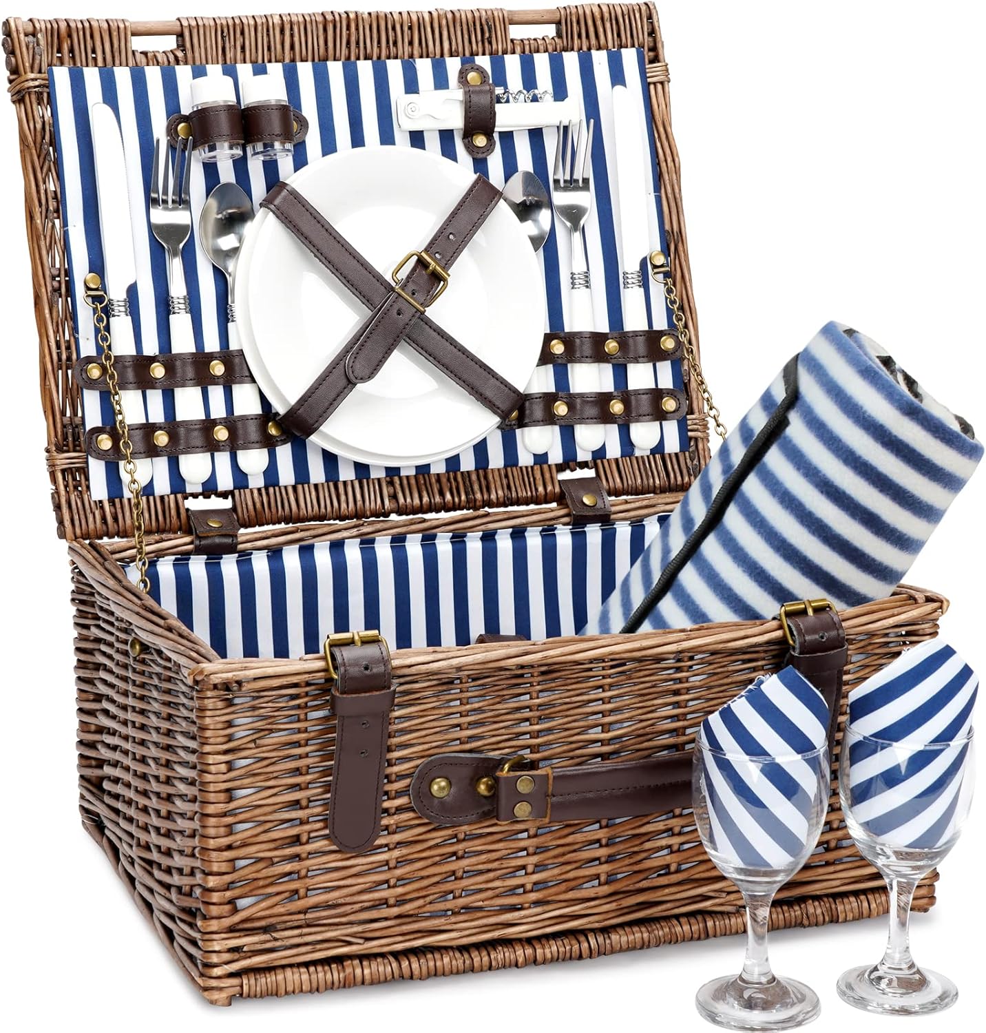 Cesta de picnic de mimbre para 2 personas con manta de picnic impermeable, juego de picnic para 2 personas con alfombrilla de playa a prueba de
