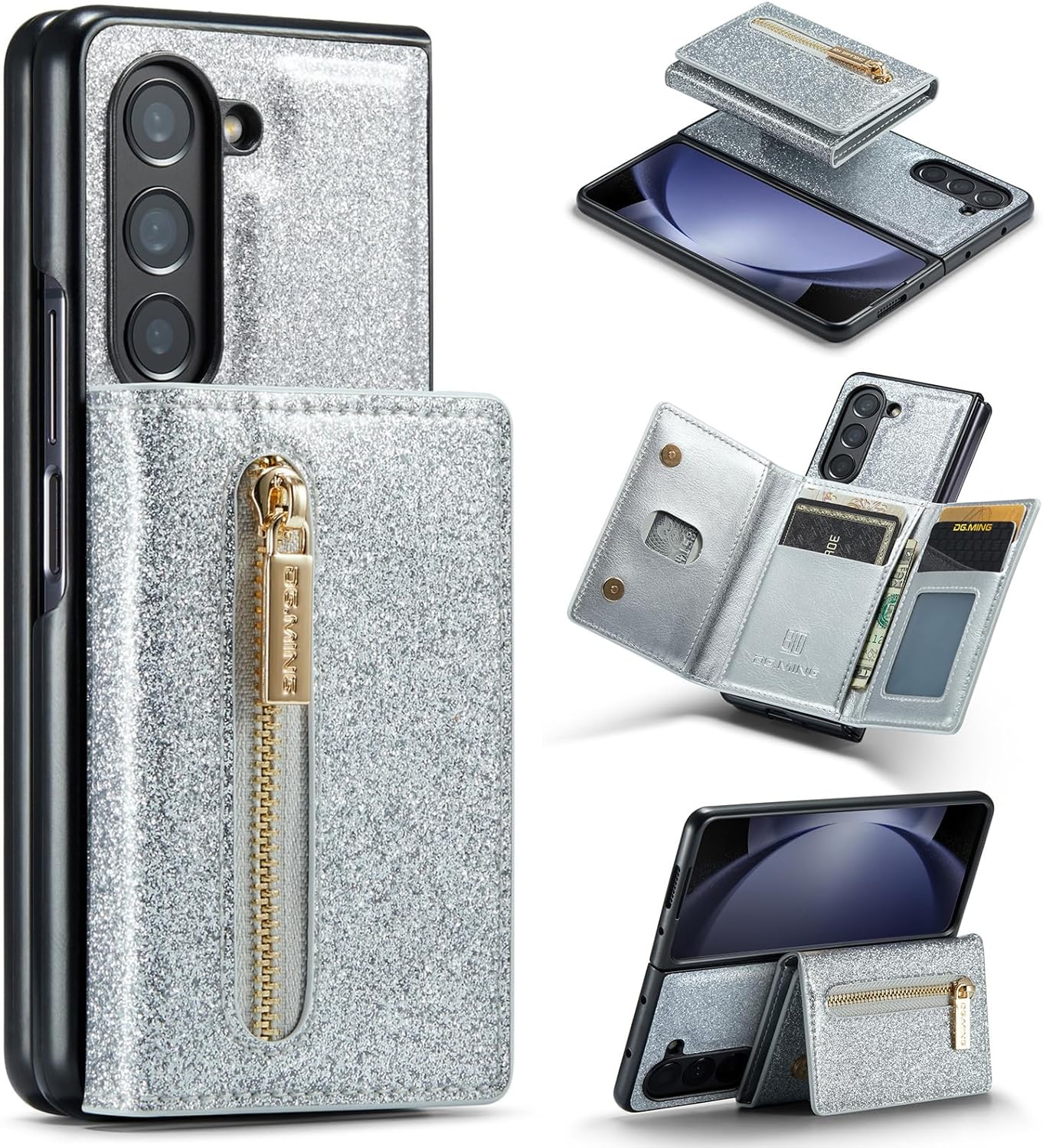 Asuwish Funda de teléfono para Samsung Galaxy Z Fold 5 5G Funda tipo cartera y ranura para tarjeta de crédito, soporte con purpurina de cuero