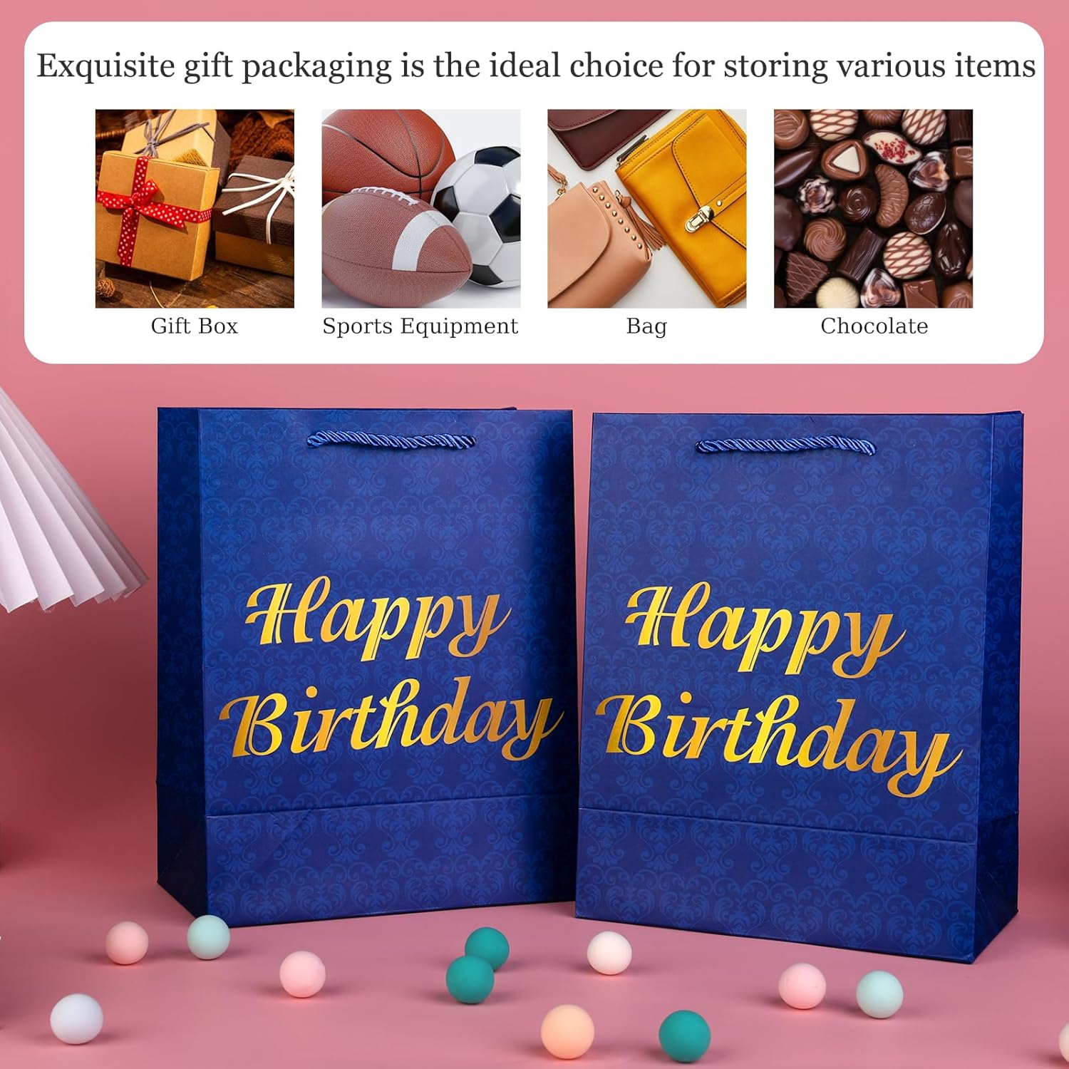 Bolsas de regalo de cumpleaños medianas de 9 pulgadas con papel de seda y tarjetas, paquete de 4 bolsas de regalo azules con asas para fiesta de