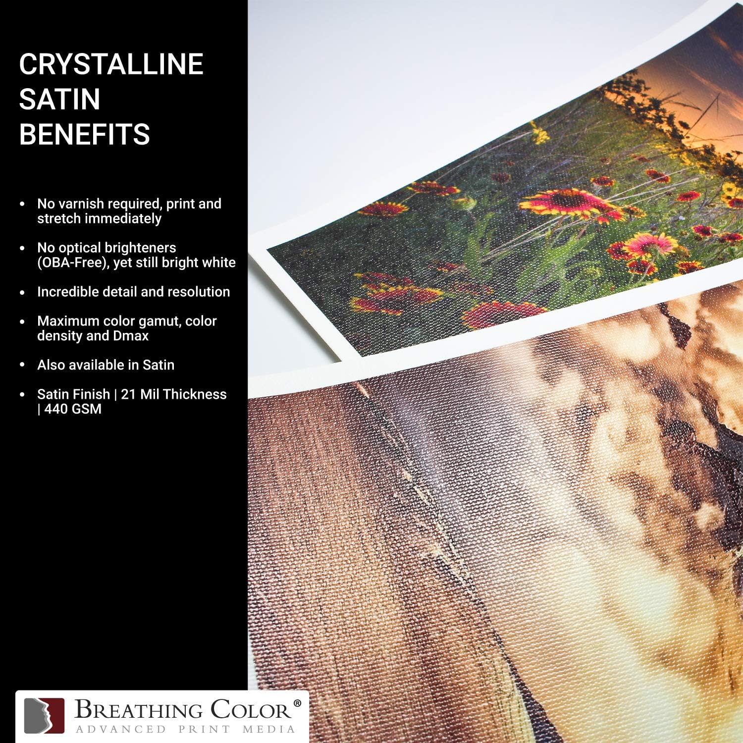 Crystalline Satin21mil, 440gm, Bright White, poly-cotton Inyección de tinta lona, Blanco brillante