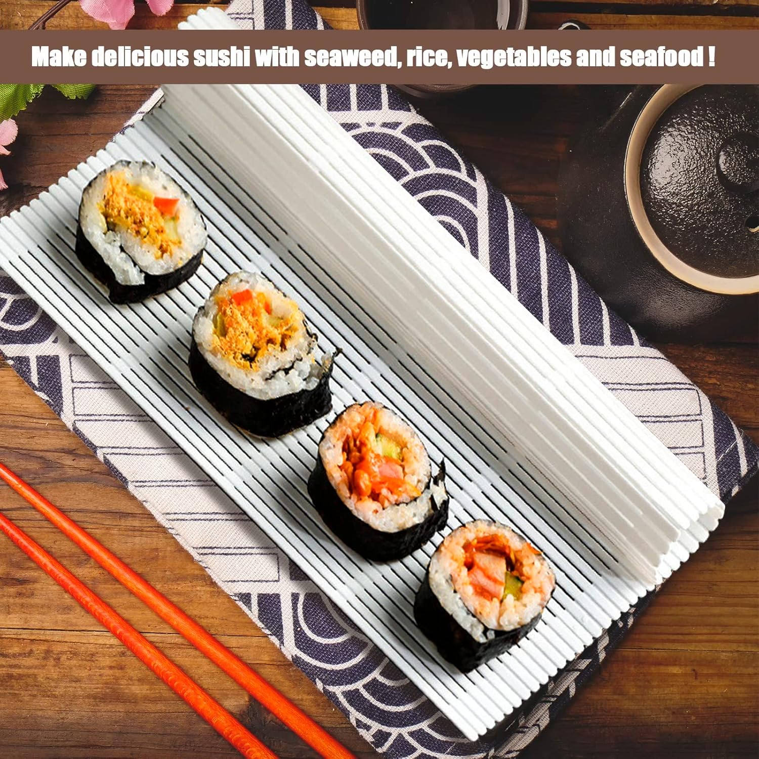 4 alfombrillas de plástico antiadherentes para sushi, kit de fabricación de rodillos de sushi hecho en casa con paleta de arroz, tapete de cocina de