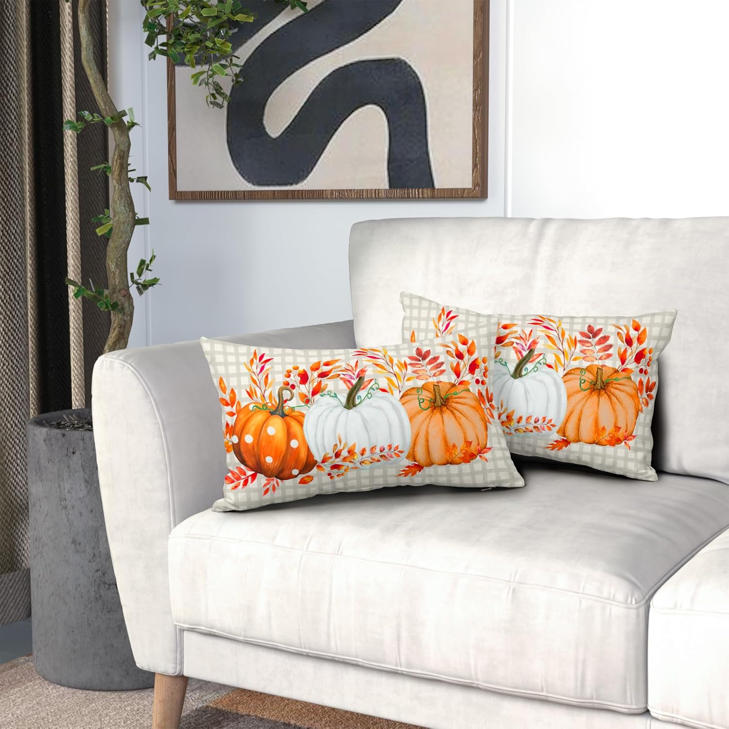 Juego de 2 fundas de almohada de otoño de 12 x 20 pulgadas, fundas de almohada de otoño de Acción de Gracias, calabaza, búfalo, a cuadros, almohadas