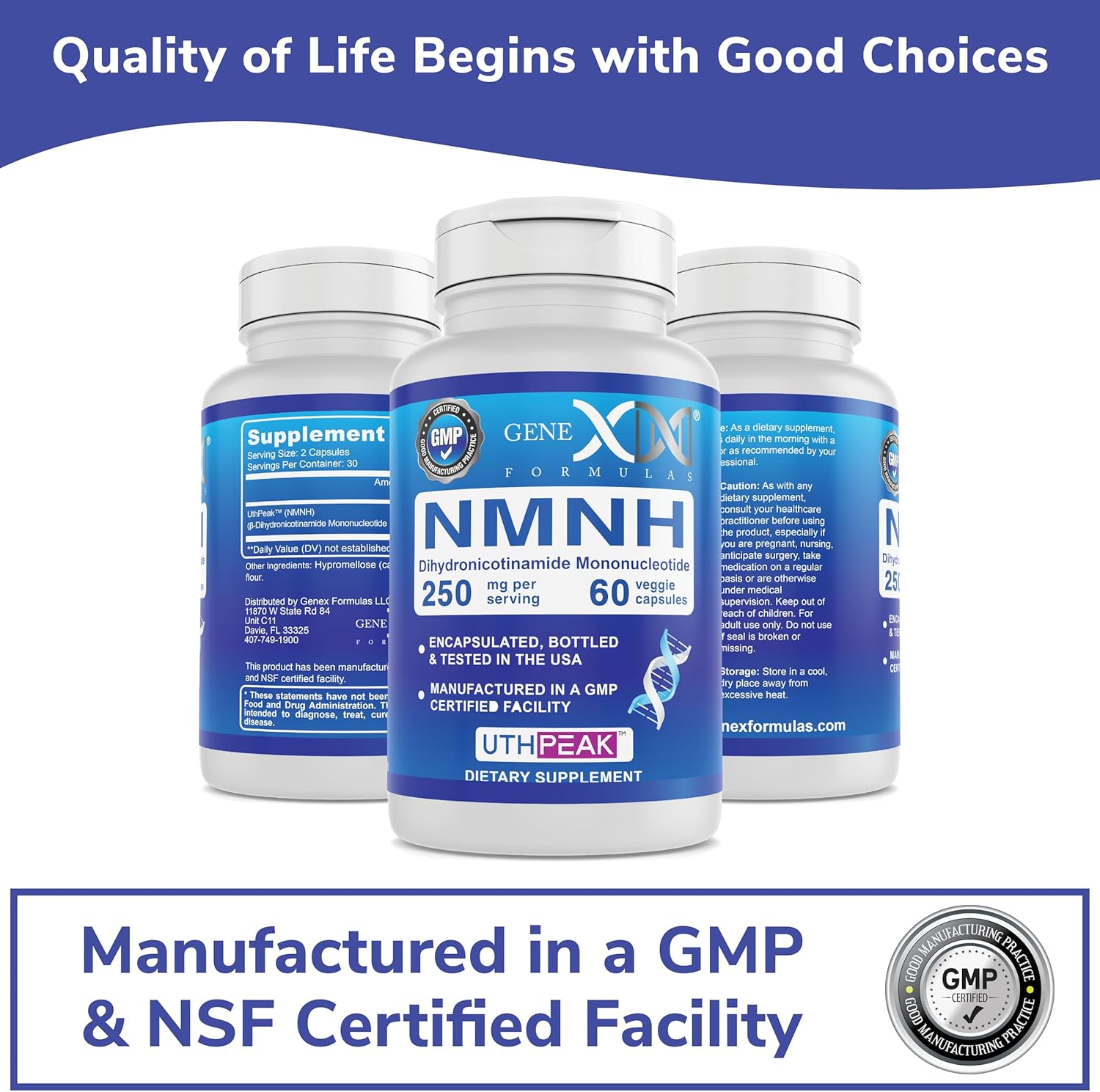 GENEX 250mg NMNH (60 cápsulas – 30 porciones)  Uthpeak NMNH (mononucleótido de dihidronicinamida) NAD+ precursor para un envejecimiento saludable –