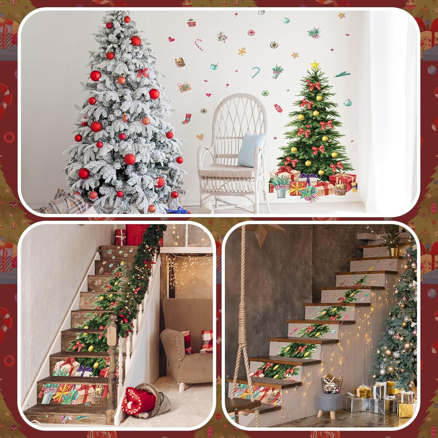 Cholemy 13 hojas de calcomanías 3D para escaleras de árbol de Navidad, decoración de escaleras de Navidad, calcomanías extraíbles para escaleras de