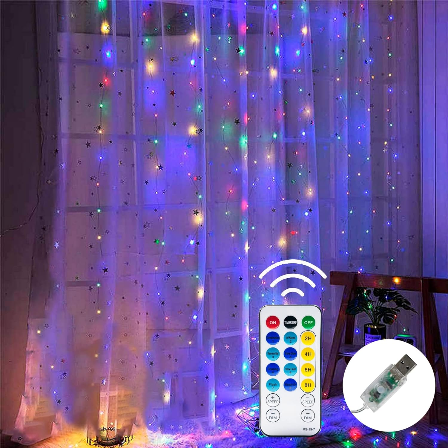 Dazzle Bright Guirnalda de luces para cortina de ventana, 300 LED de 9.8 x 9.8 pies, luces de hadas multicolor con 8 modos de iluminación, luces