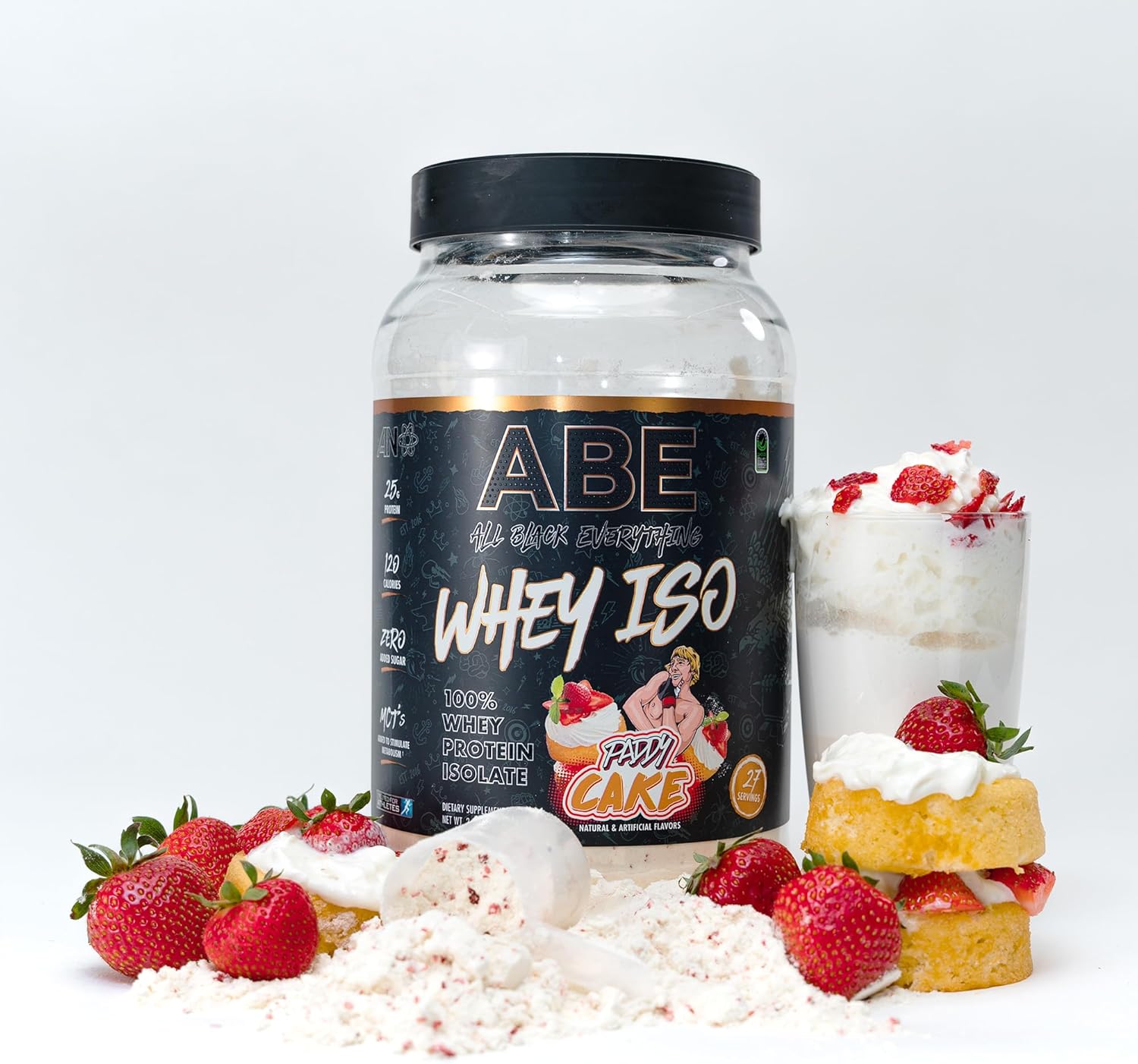 ABE Whey ISO – All Black Everything 100% aislado de proteína de suero con trozos de fresas reales  Después del entrenamiento, 0.88 onzas de