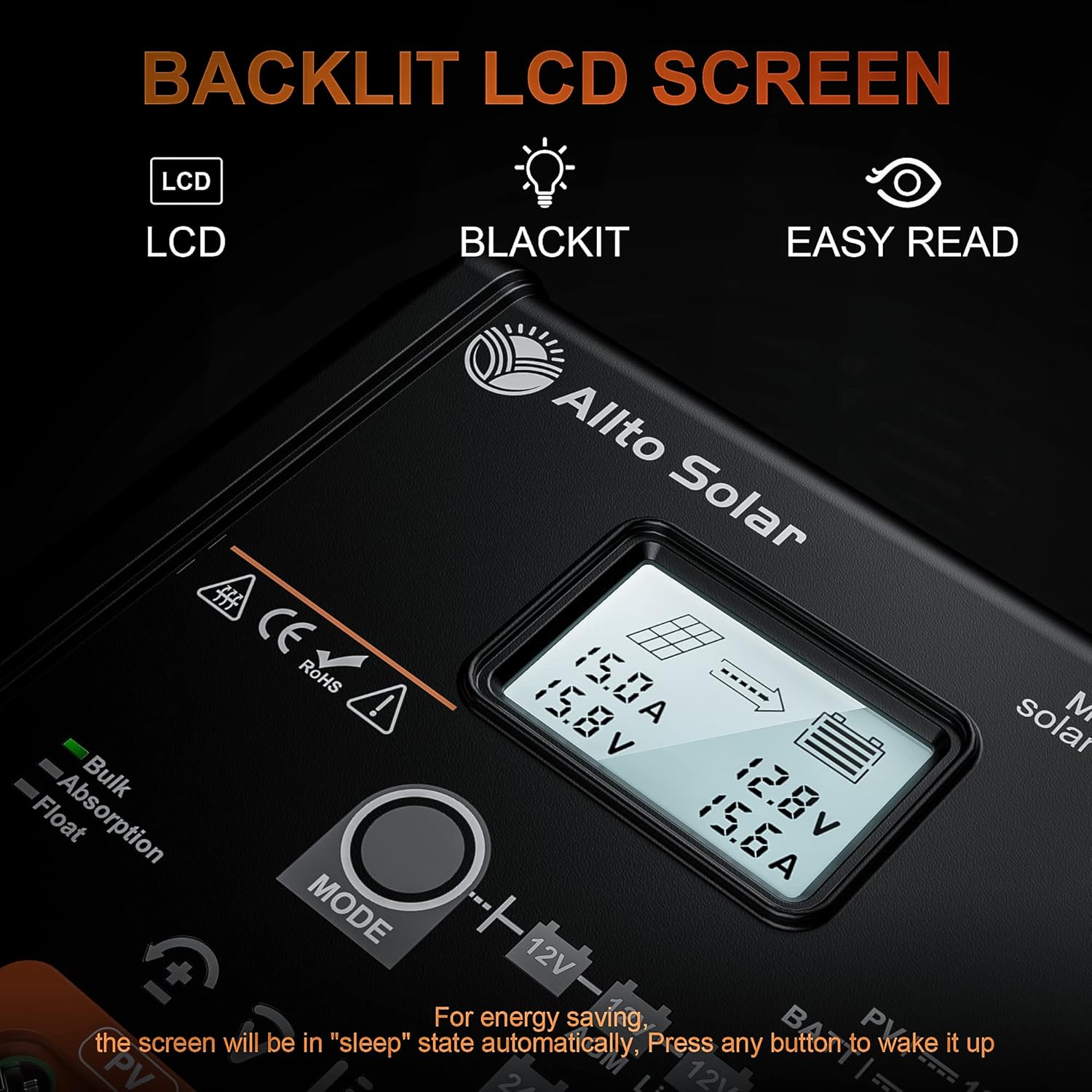 Allto Solar Controlador de carga solar MPPT de 20 amperios, 12 V24 V, pantalla LCD retroiluminada, regulador de panel solar de 20 A con sensor de