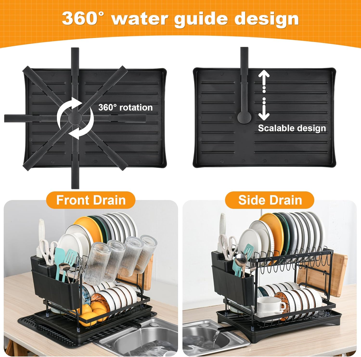Escurridor de platos grande desmontable de 2 niveles sobre la encimera de la cocina con escurridor y tapete de secado de platos de silicona, estante
