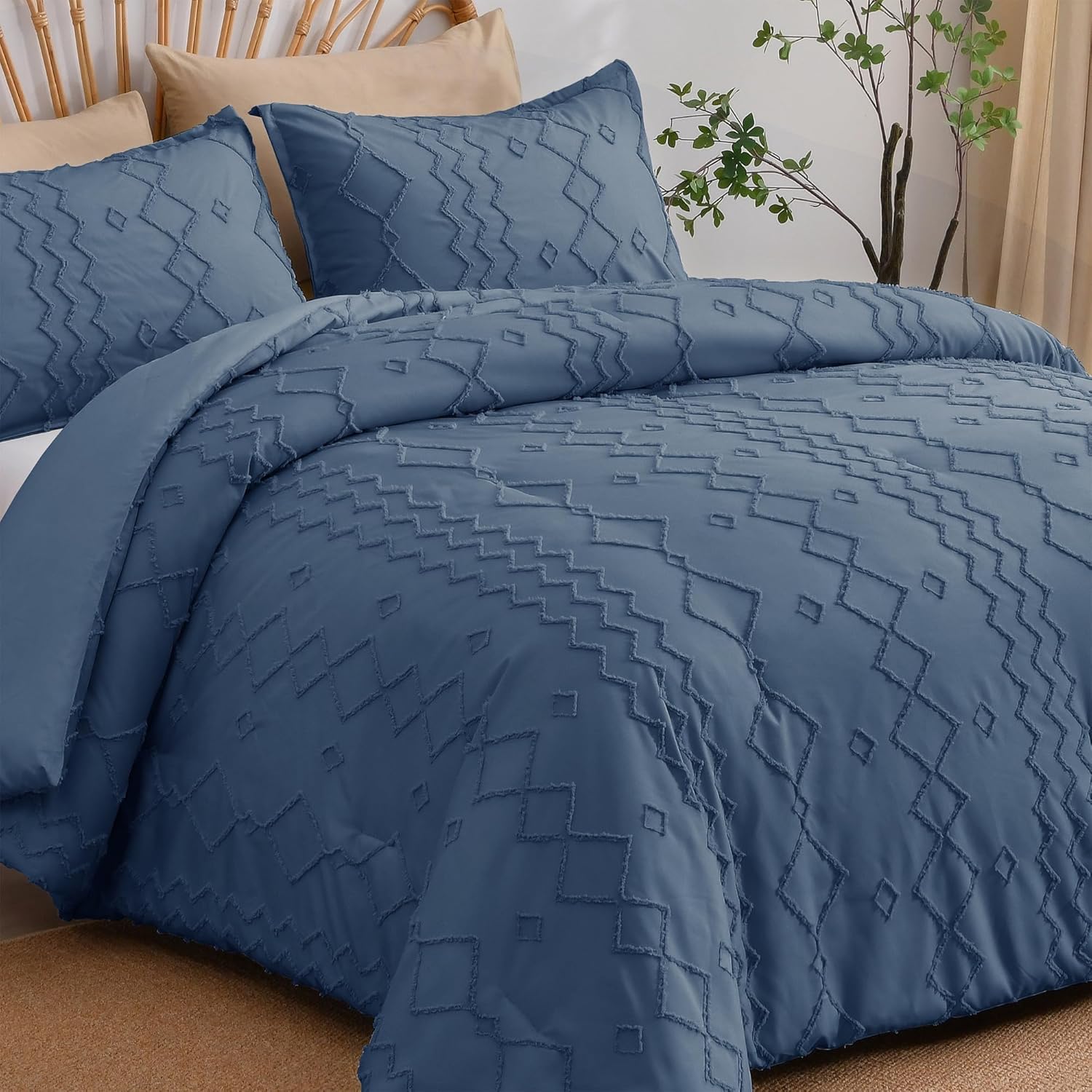 Shatex Juego de edredón Queen de 3 piezas, ultra suave y bohemio copetudo para todas las estaciones, edredón azul marino tamaño Queen (90 x 90