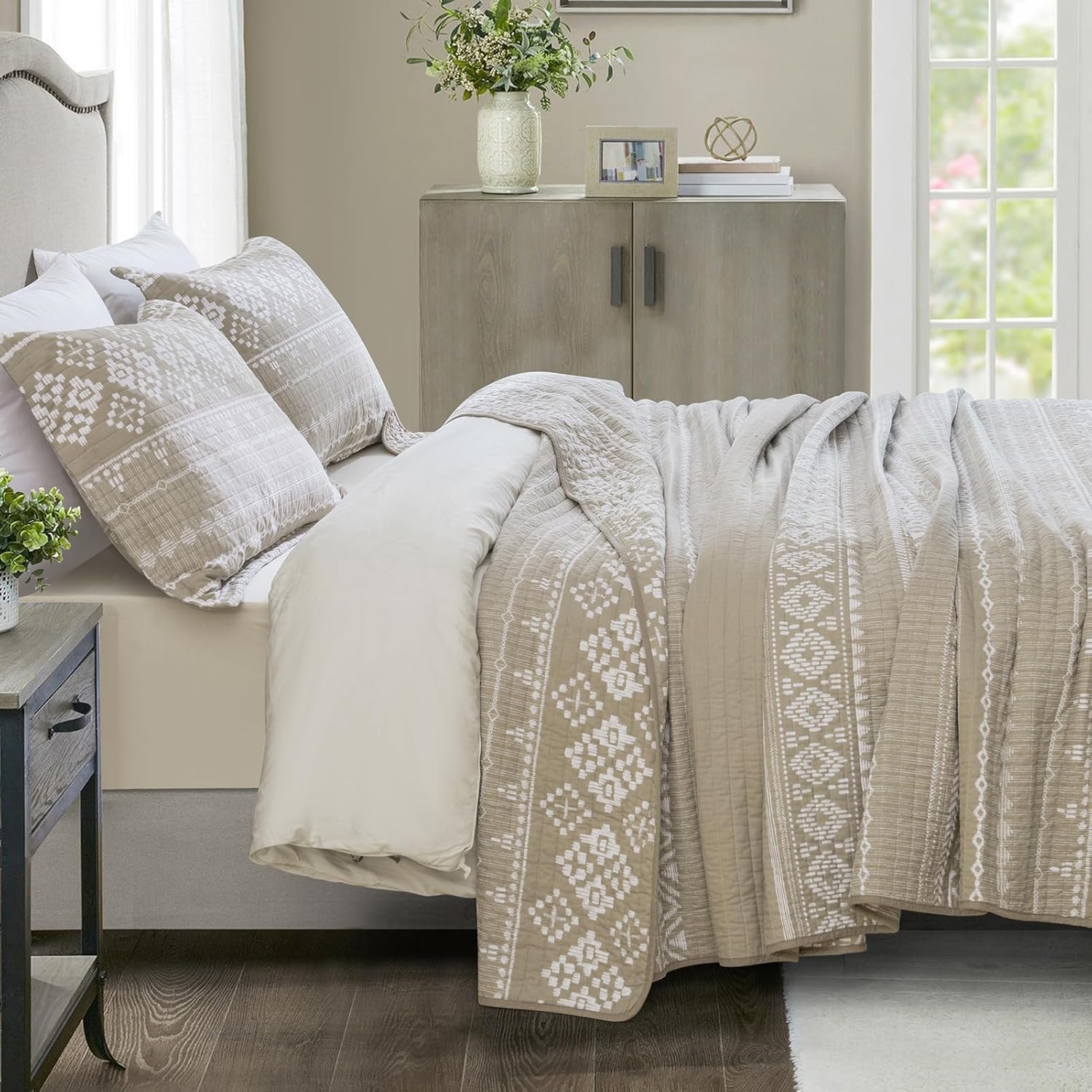 SahSahCasa Juego de edredón tamaño King, 100% algodón, bohemio, juego de ropa de cama, colcha reversible bohemia a rayas ligeras para todas las