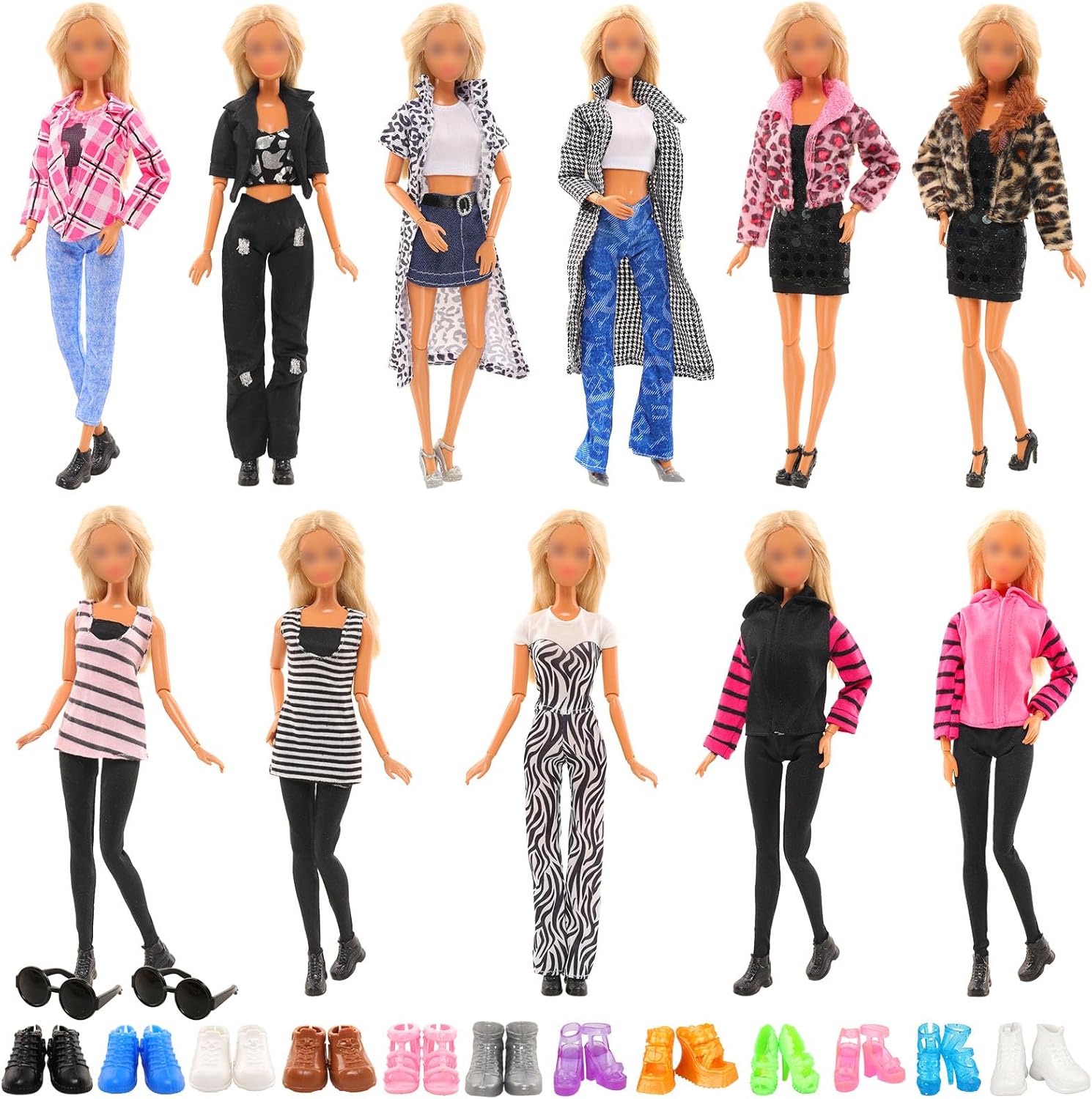 ENOCHT 5 juegos de ropa de muñeca incluye chaquetas, ropa casual, tops y pantalones, 2 gafas, 5 tenis, 5 zapatos para muñecas de 11.5 pulgadas, ropa