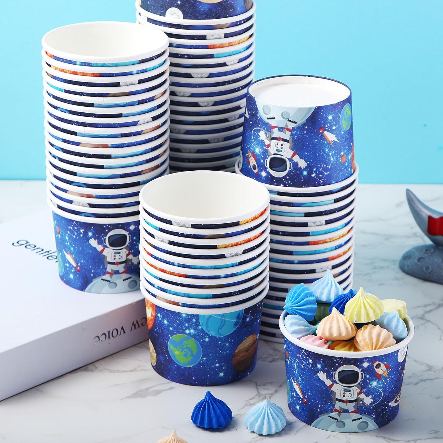 Nuanchu 100 piezas de suministros para fiestas espaciales, tazas de helado de galaxia, bloques de construcción, para aperitivos, suministros para