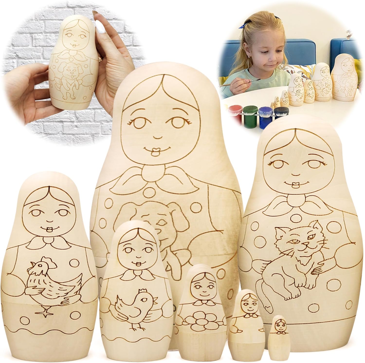 AEVVV Juego de 7 muñecas rusas en blanco para pintar – Artesanías de madera para pintar tu propio Matryoshka – Artesanías de madera sin terminar –