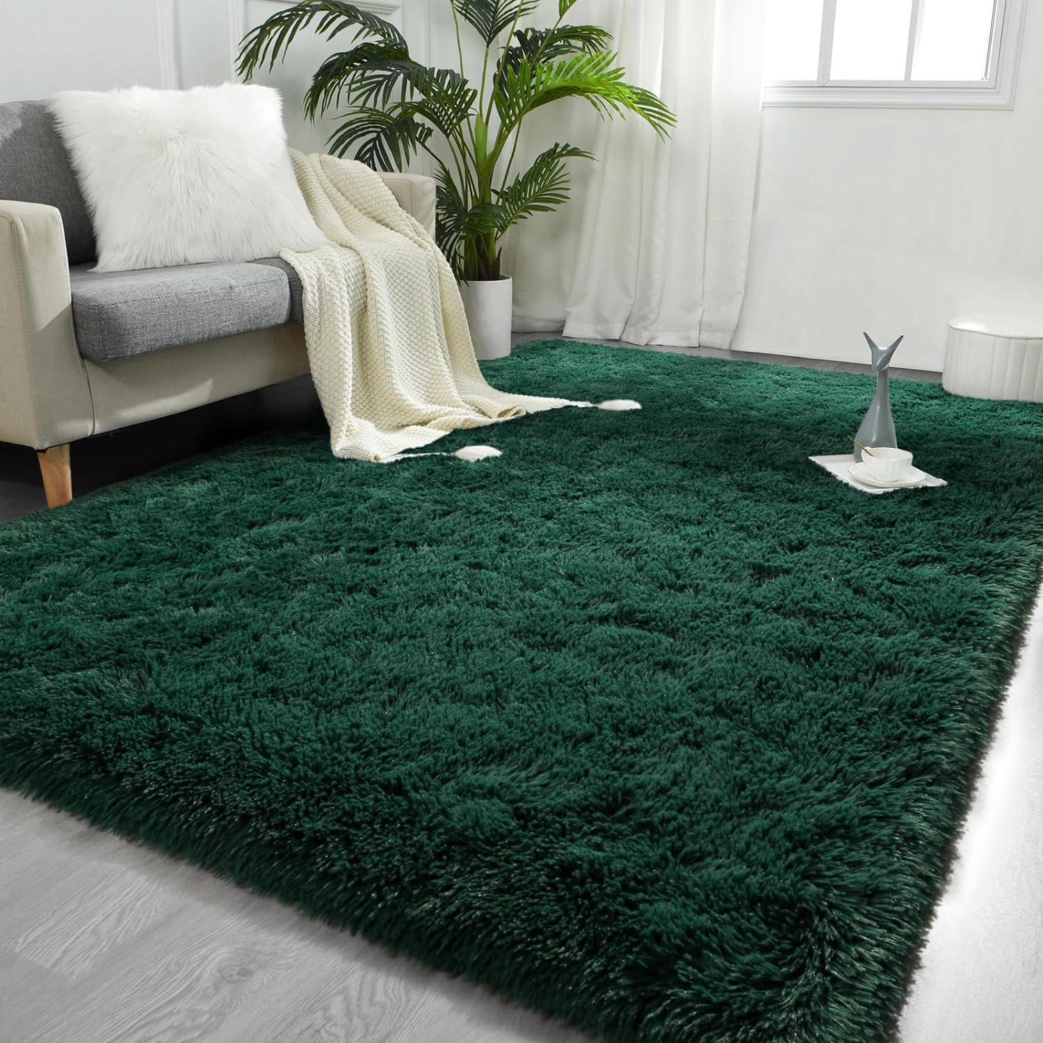 FlyDOIT Alfombras de área grandes para sala de estar, 5 x 8 pies, color verde profundo, alfombras peludas de felpa ultra suave, modernas alfombras