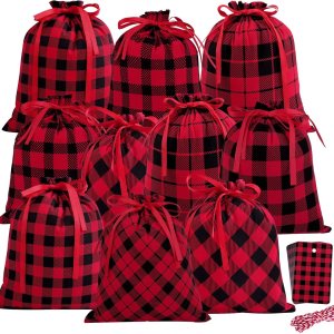 Aneco 10 mini bolsas a cuadros de búfalo de 11.8 x 9.8 pulgadas, bolsa con cordón, bolsa de regalo de Navidad, bolsas de Navidad de algodón para Aneco 10 mini bolsas a cuadros de búfalo de 11.8 x 9.8 pulgadas, bolsa con cordón, bolsa de regalo de Navidad, bolsas de Navidad de algodón para