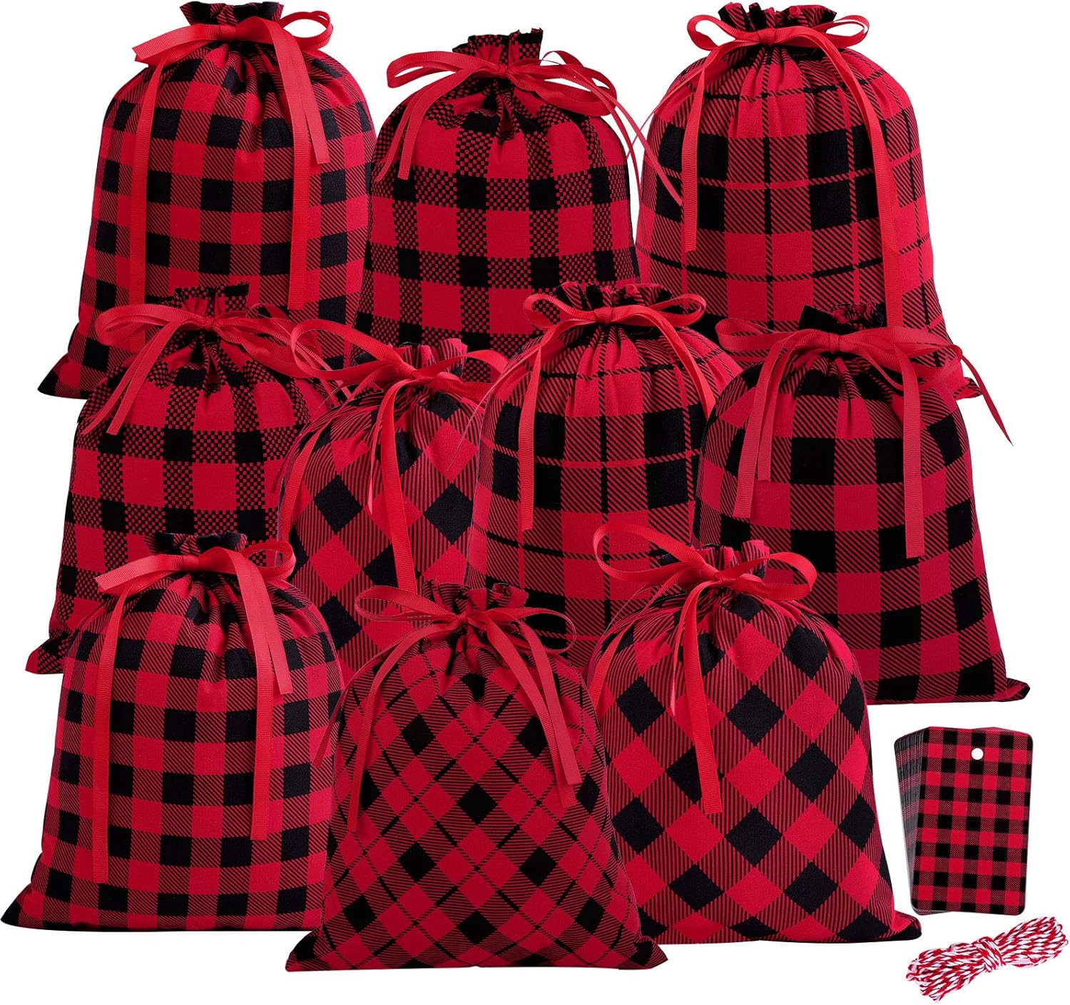 Aneco 10 mini bolsas a cuadros de búfalo de 11.8 x 9.8 pulgadas, bolsa con cordón, bolsa de regalo de Navidad, bolsas de Navidad de algodón para