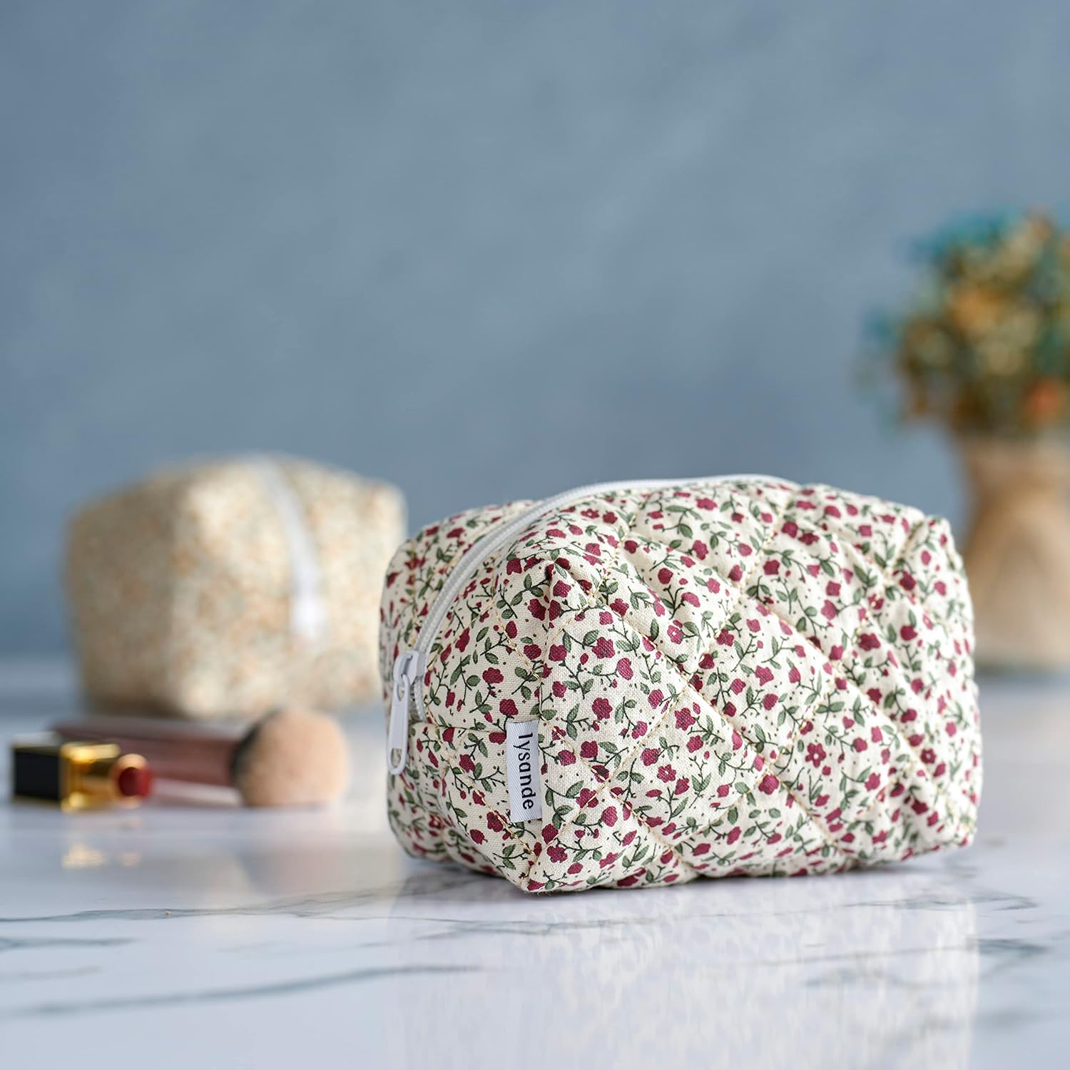LYSANDE Bolsa de maquillaje acolchada floral Puffy, Neceser Tote, Cosméticos Bolsa, Bolso de cosméticos floral, Flores Rojas, Bolsa de maquillaje