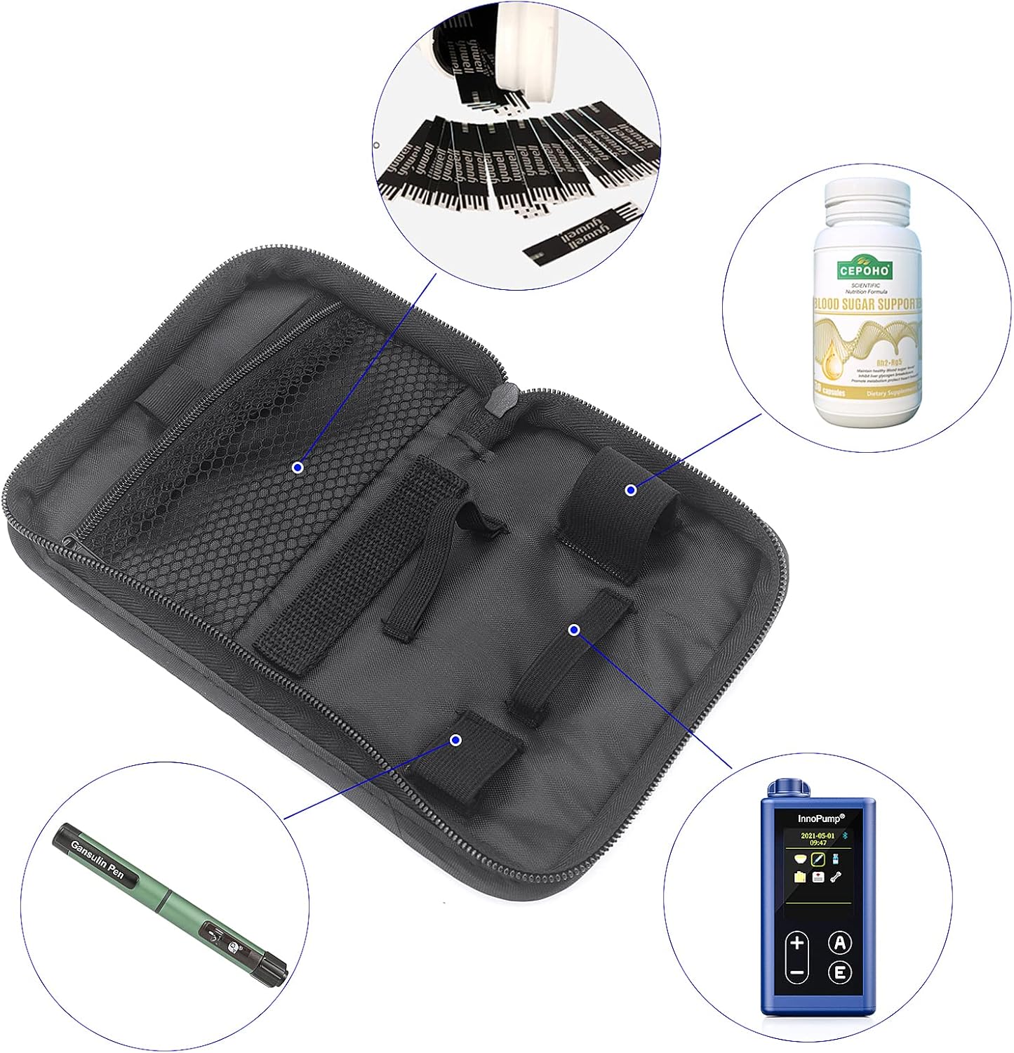 Hooshion Kit de estuche organizador para diabéticos, kit de prueba de diabetes, bolsa de almacenamiento para medidor de glucosa en sangre, estuche