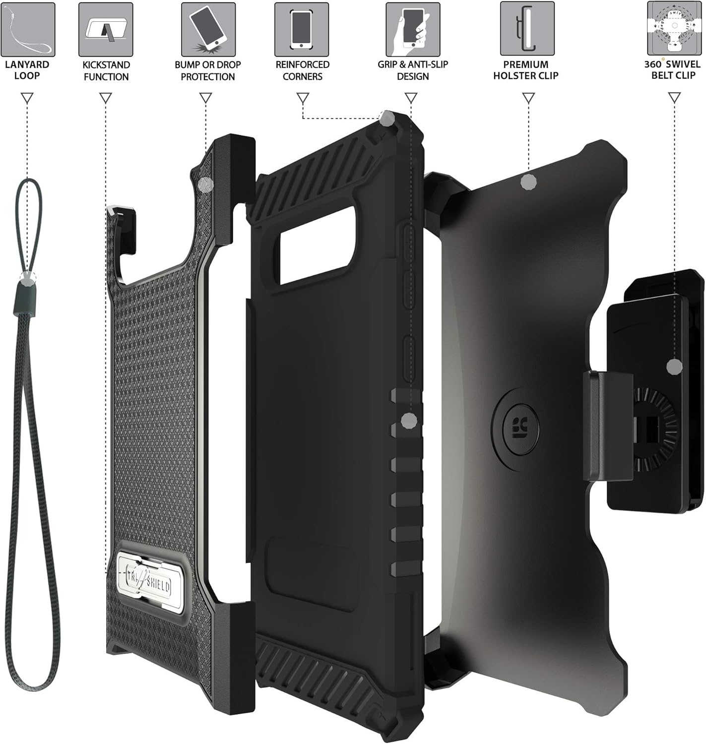 Beyond Cell Serie Trishield compatible con funda S10+, cubierta resistente de grado militar + soporte de metal + funda de clip para cinturón –