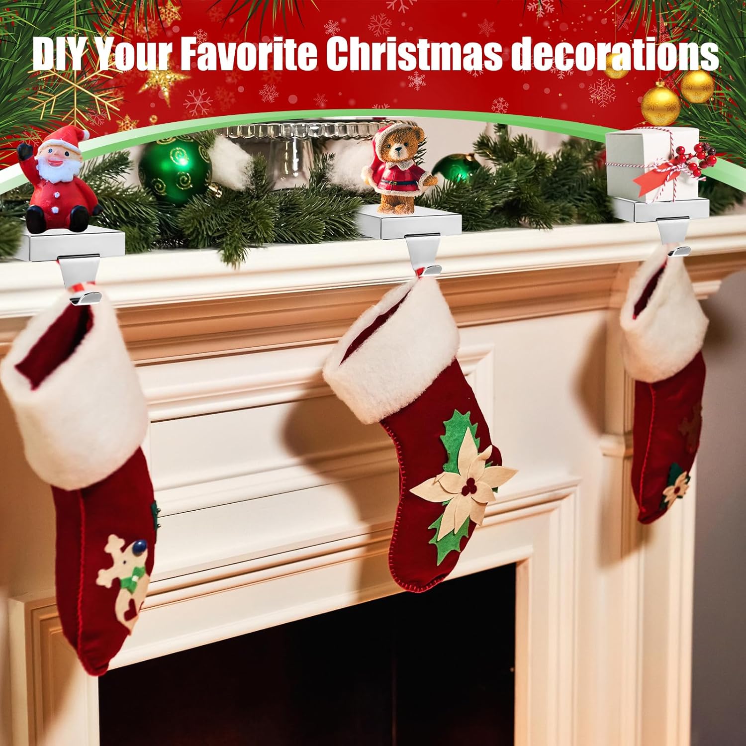 Zonon Soportes de calcetines de Navidad de metal para manto, ganchos colgantes para calcetines de Navidad, soporte para calcetines para vacaciones,