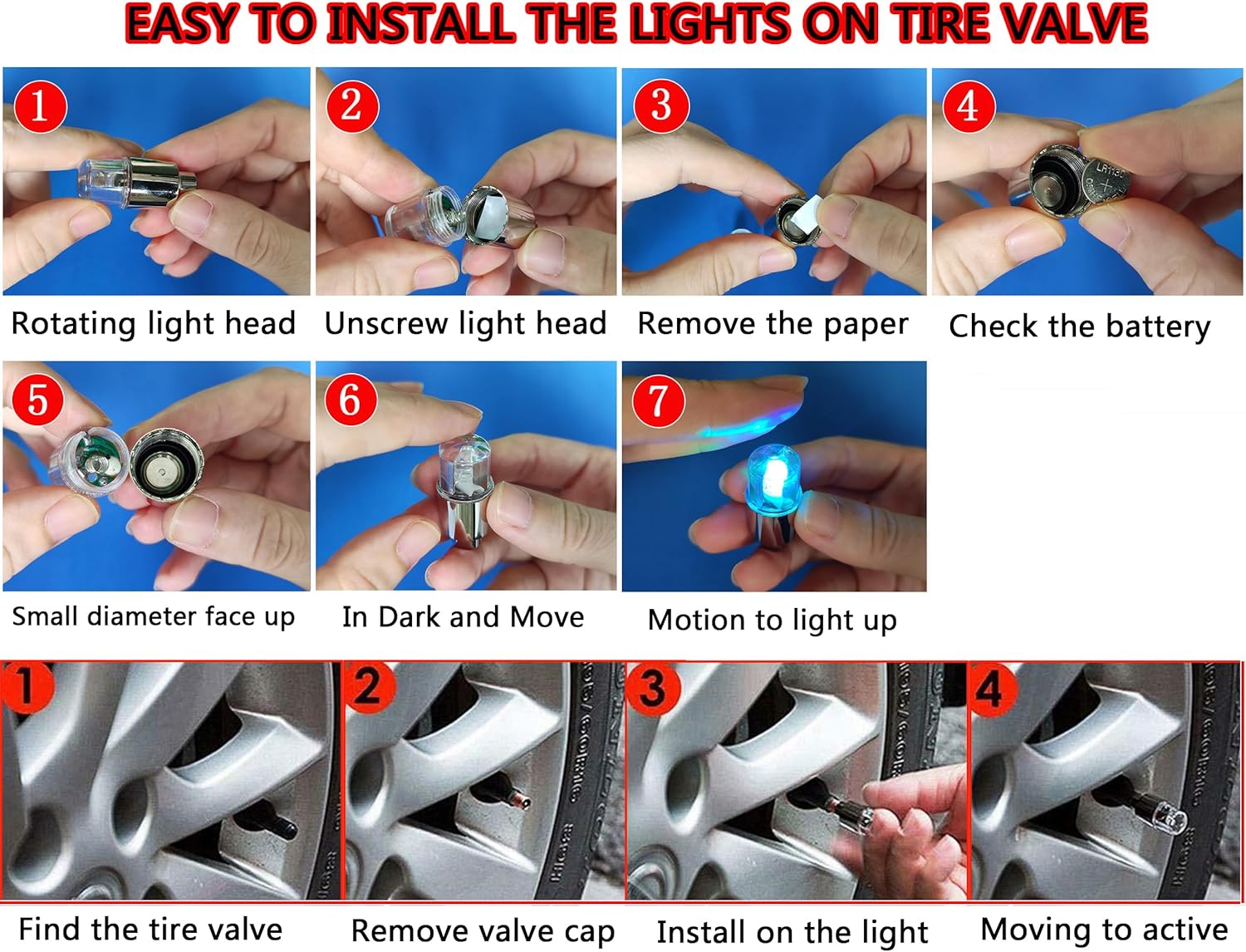 YUERWOVER Paquete de 4 tapas LED de vástago de válvula, luces para neumáticos de automóvil, ensamblajes de ruedas, luces de neón para válvulas de