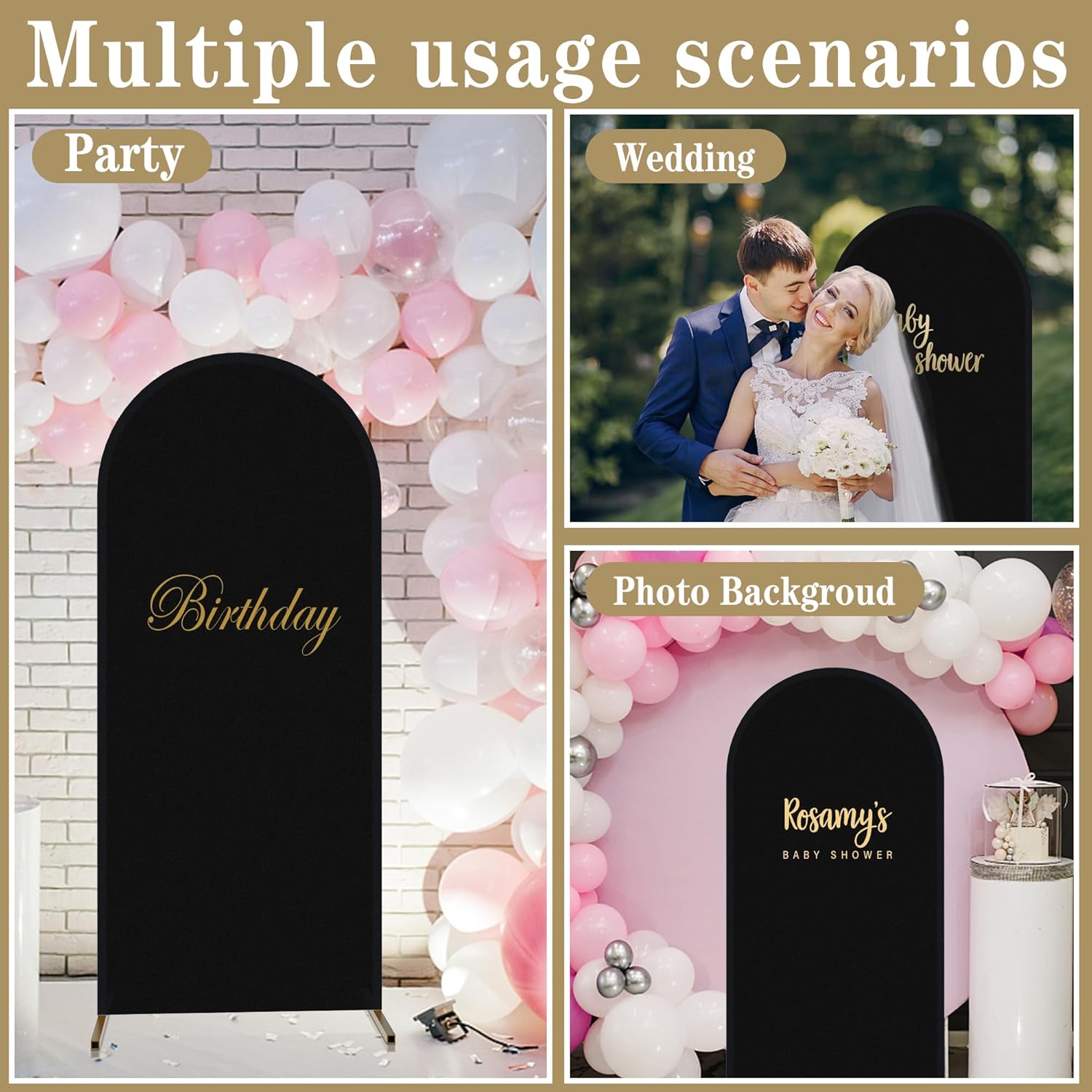 3 fundas de telón de fondo de arco – Cubierta de arco de boda ajustable de elastano negro – Cubierta de arco de 2 lados para decoración de bodas,