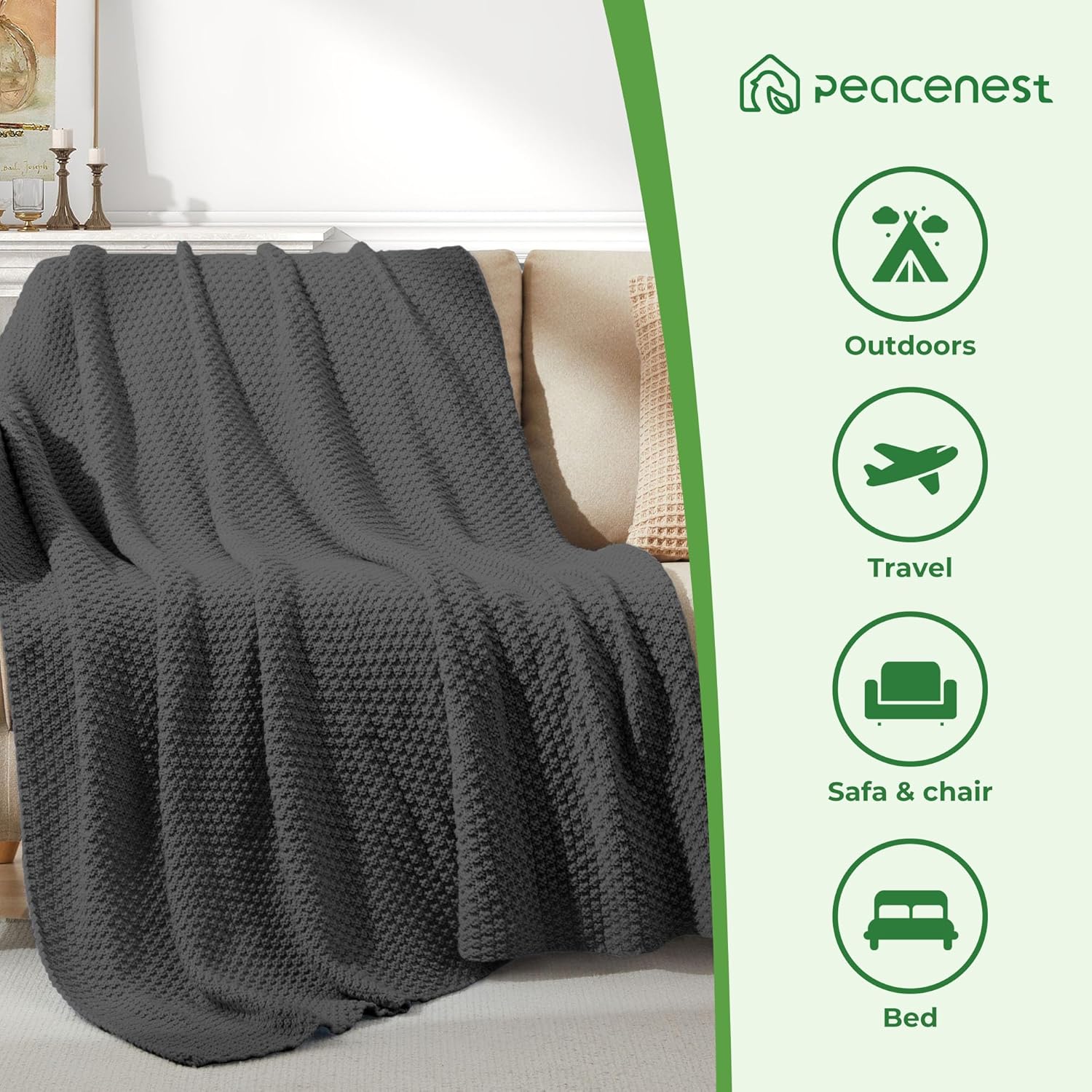 Peace nest Manta de punto grueso para cama, manta de punto trenzado suave, sofá, silla, acogedora manta ligera para exteriores, manta cómoda de