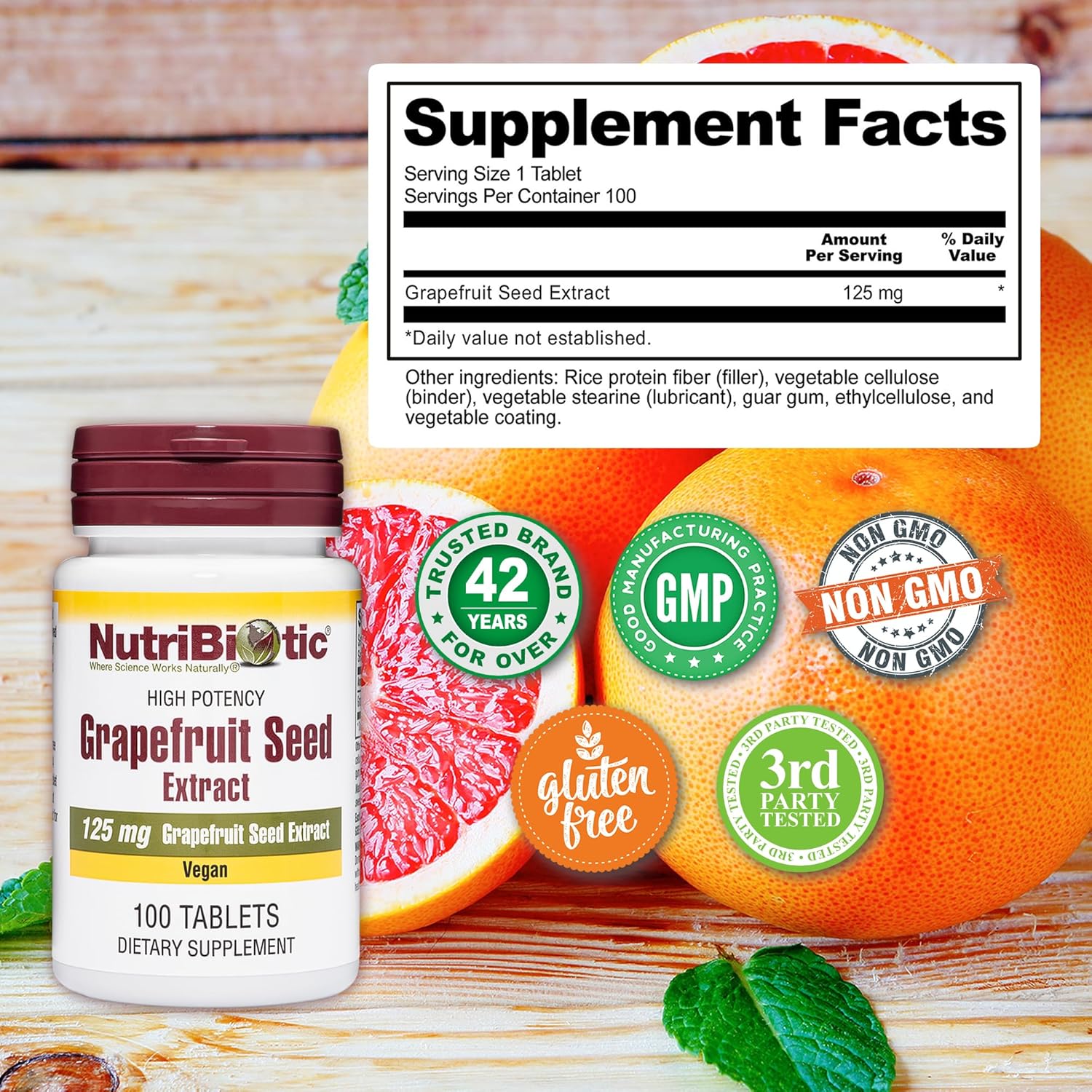 NutriBiotic Tabletas de extracto de semilla de pomelo de 125 mg, 100 unidades  GSE de grado premium con bioflavonoides  Potente apoyo inmunológico y