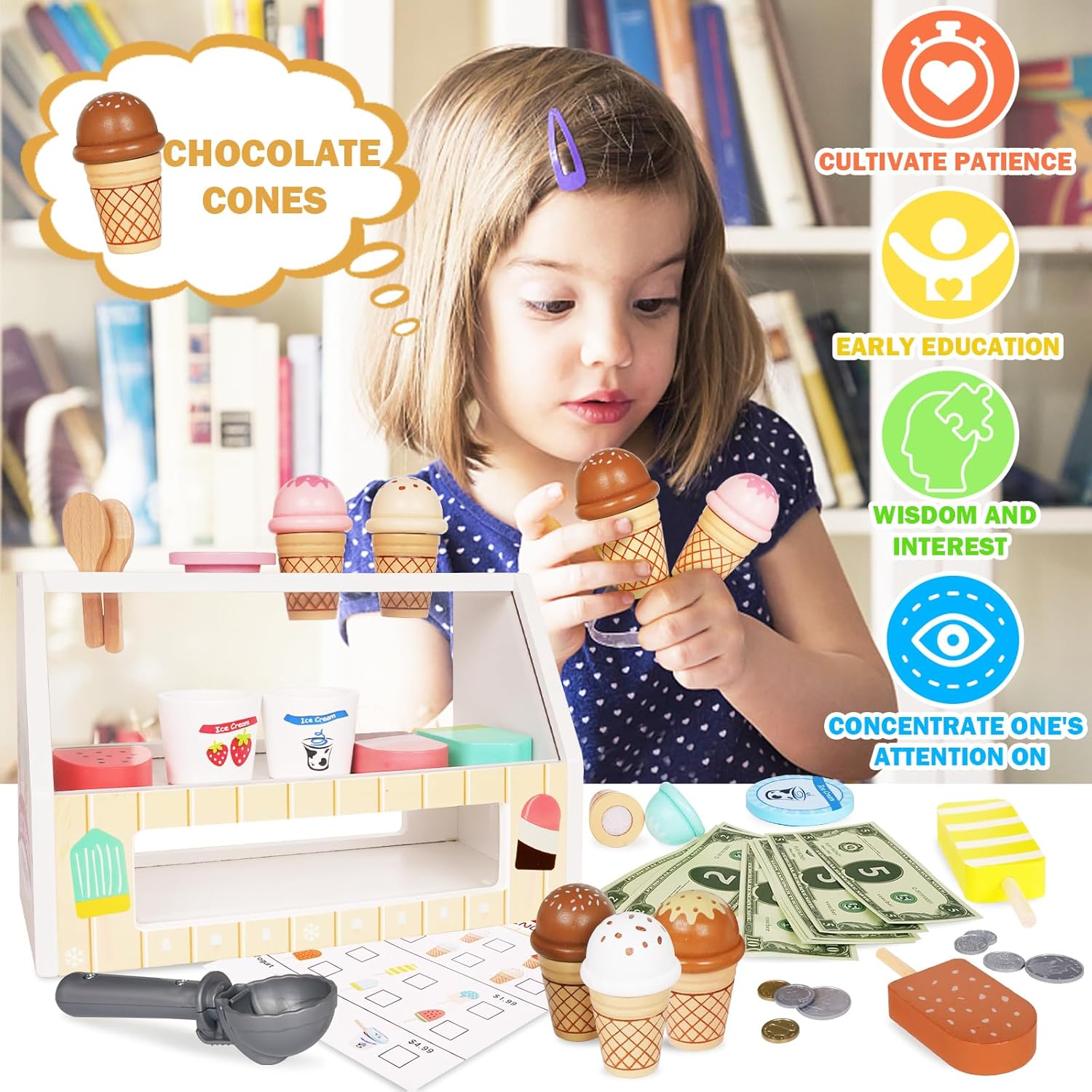 Juego de contador de helados para niños, juguetes de comida Montessori, accesorios de cocina, juego de paletas de madera con cuchara y dinero falso,
