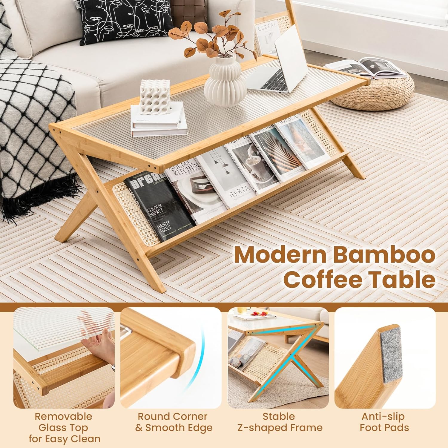 Tangkula Mesa de centro de bambú, mesa central moderna con mesa de vidrio templado y estante abierto de ratán, mesa de té rectangular de 2 niveles