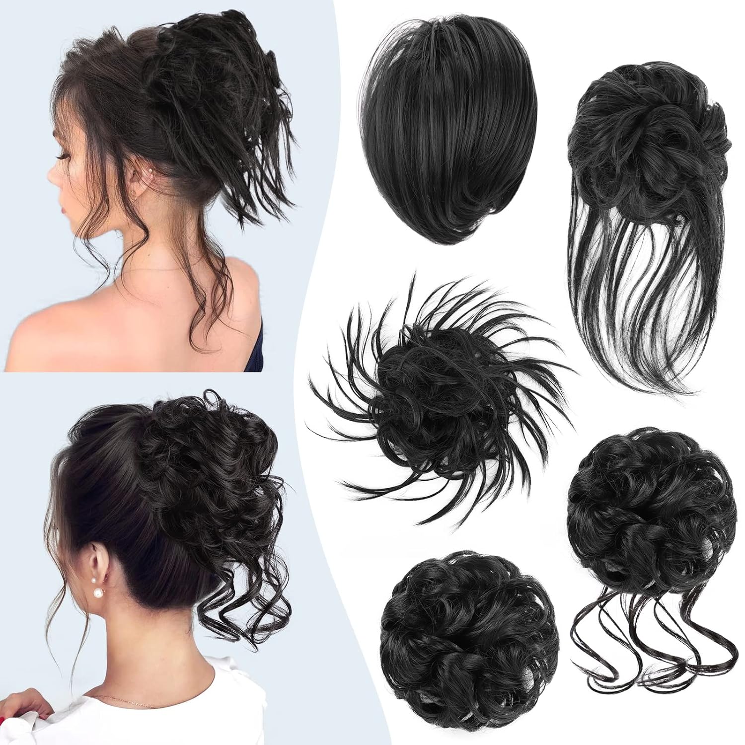 HMD Juego de 5 piezas de moño despeinado para mujer, extensión de cola de caballo con banda de goma elástica, extensión de cabello largo y