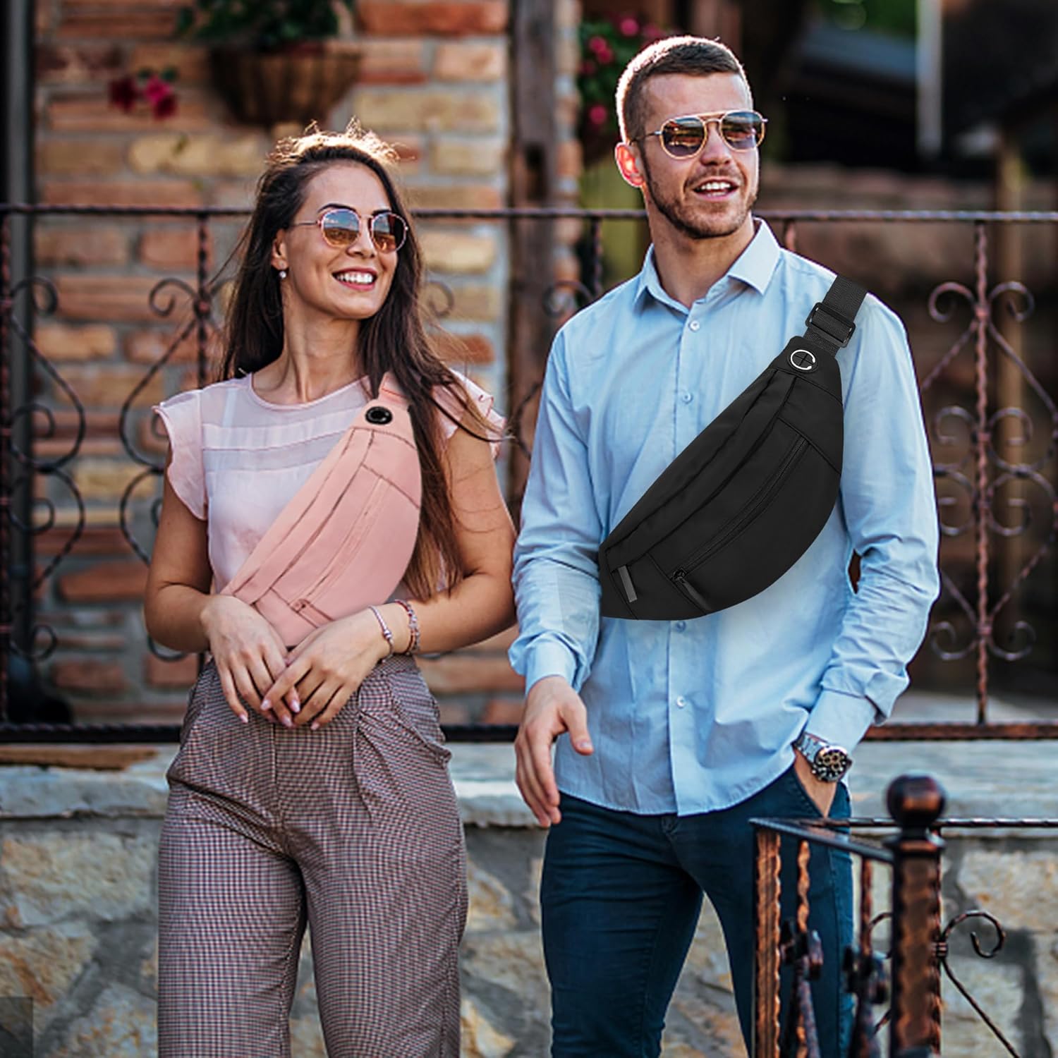 Riñonera grande con 4 bolsillos con cremallera, para mujer y hombre, con correa ajustable para viajes, correr, senderismo, 4-Cremallera Negro, Large