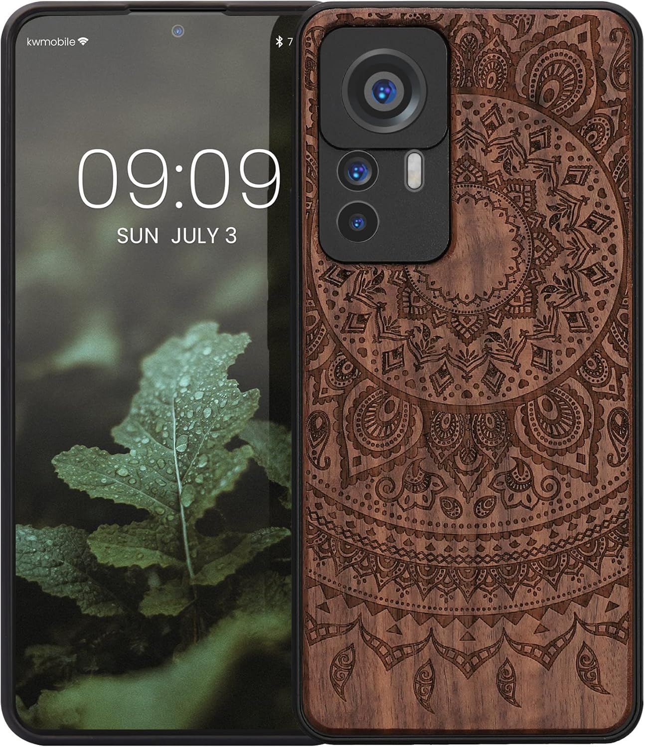 kwmobile Funda de madera compatible con Xiaomi 12T  12T Pro – Funda – Indian Sun marrón oscuro